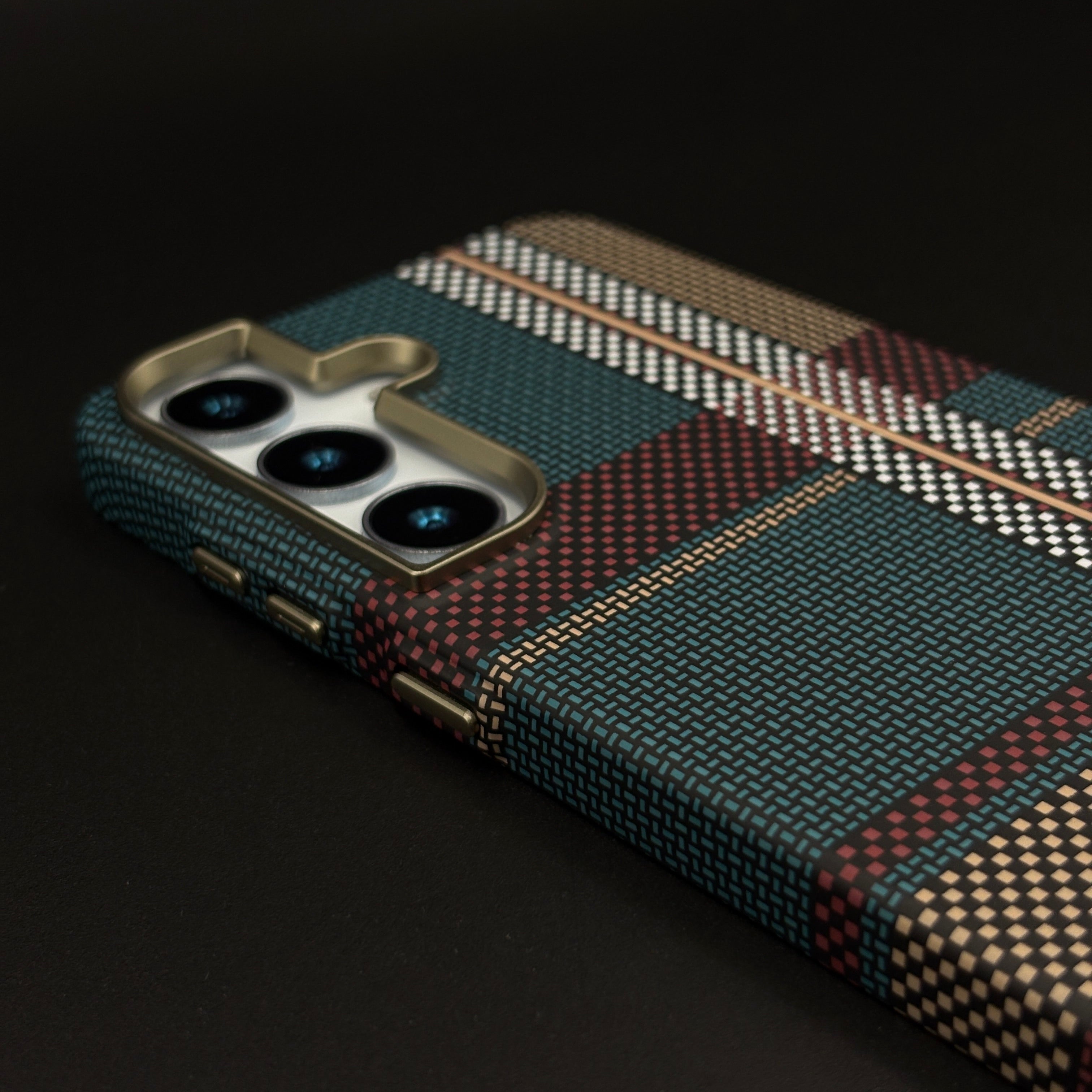 Teal Burgundy Plaid Aramid Phone Case for Galaxy S24 | S25 | Carbon Fibre Texture | Hidden MagSafe