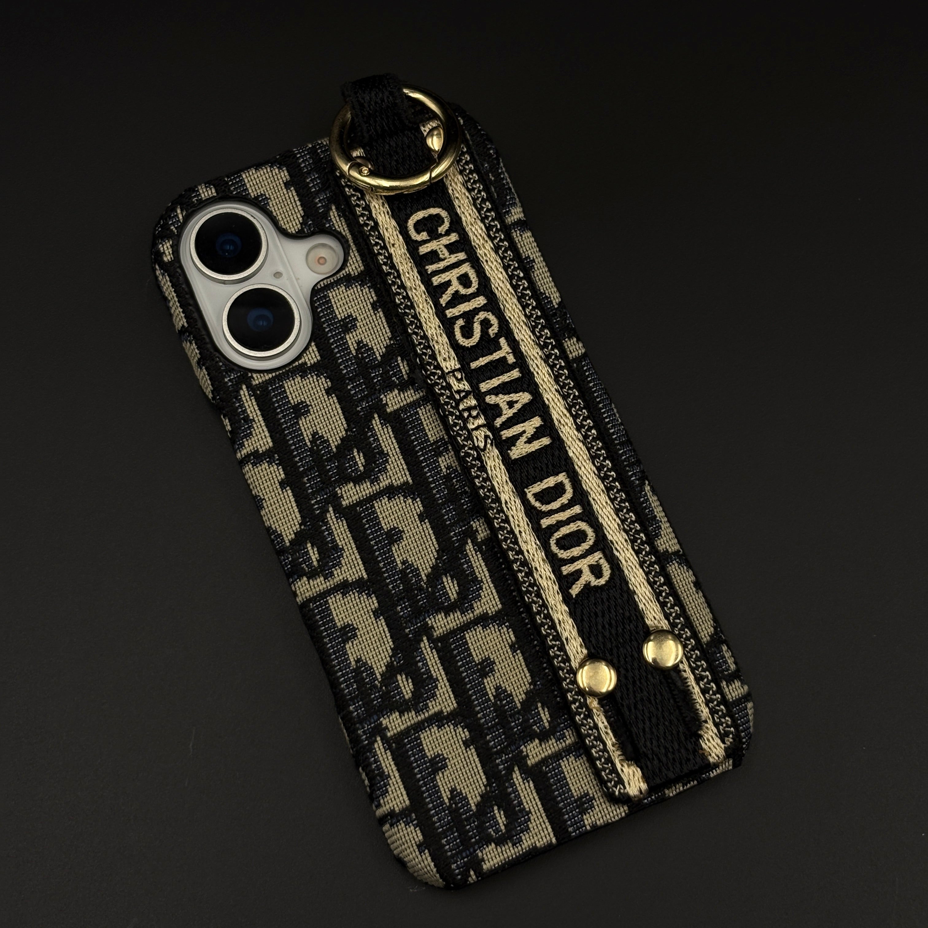 CD Embroidered Belt Strap Case for iPhone 17 | Designer Fabric Holder