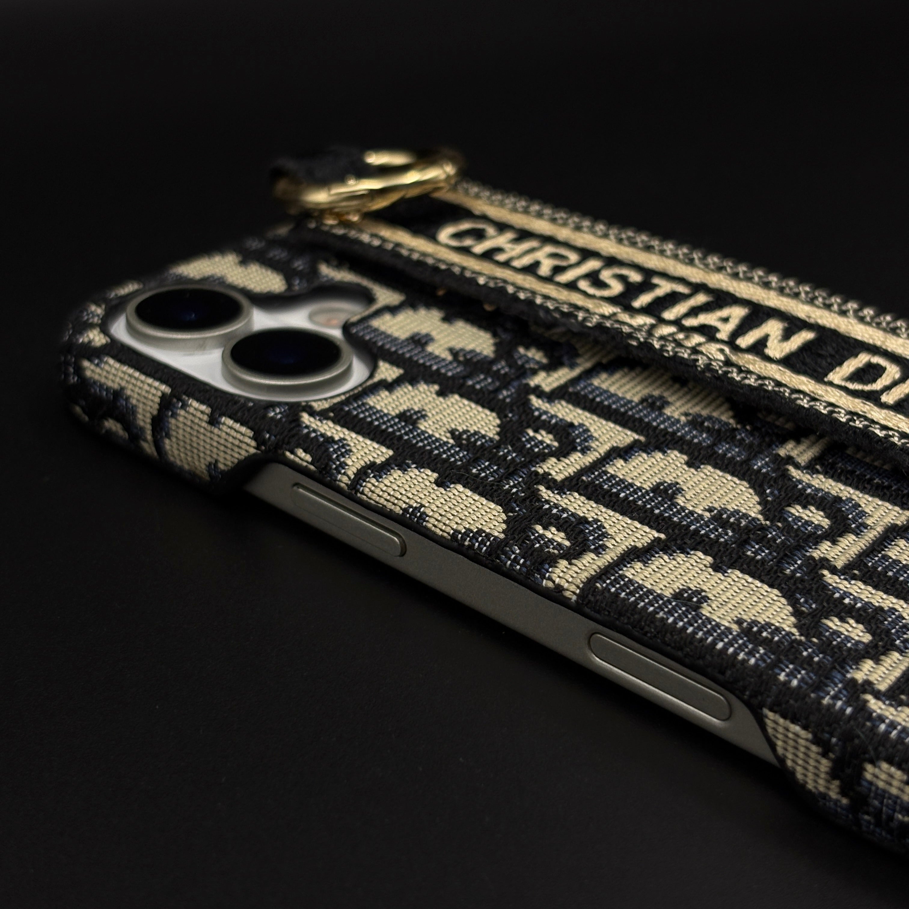 CD Embroidered Belt Strap Case for iPhone 17 | Designer Fabric Holder