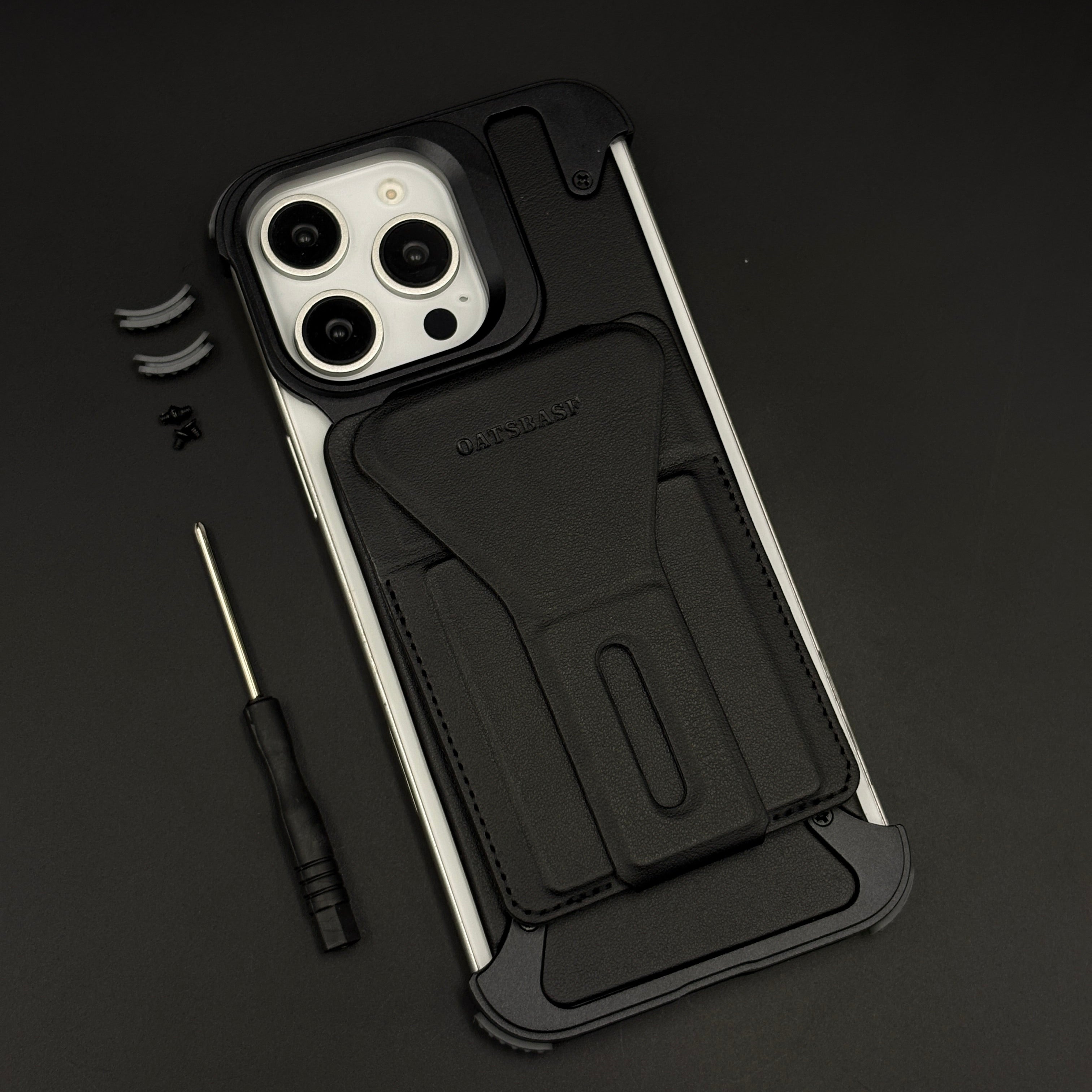 Frameless Border Metal Case with Leather Finish and Stand for iPhone 16 Series