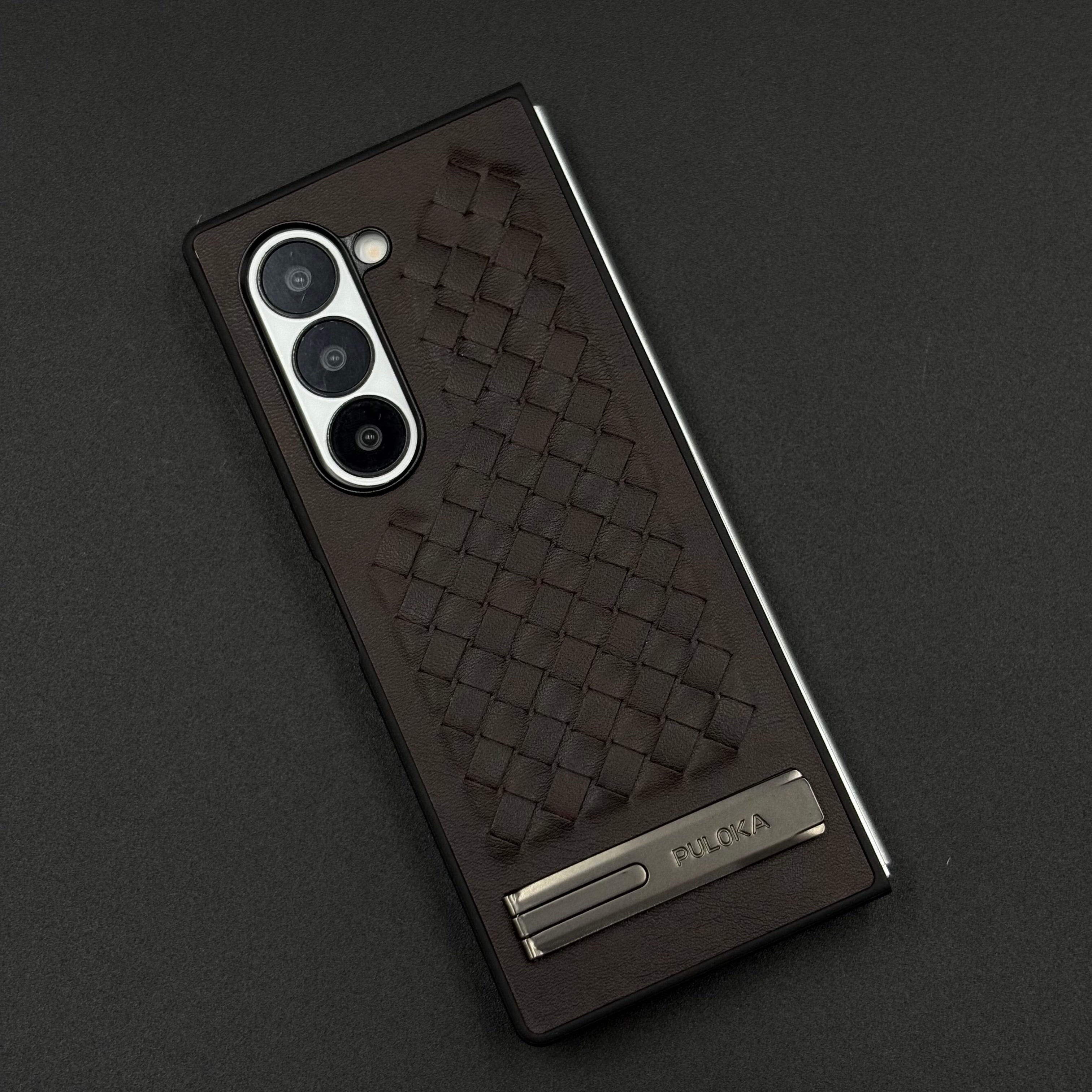 Premium Grid Leather Feel Case with Metal Kickstand For Samsung Galaxy Z Fold 6 | Woven Texture | Executive Style Protection