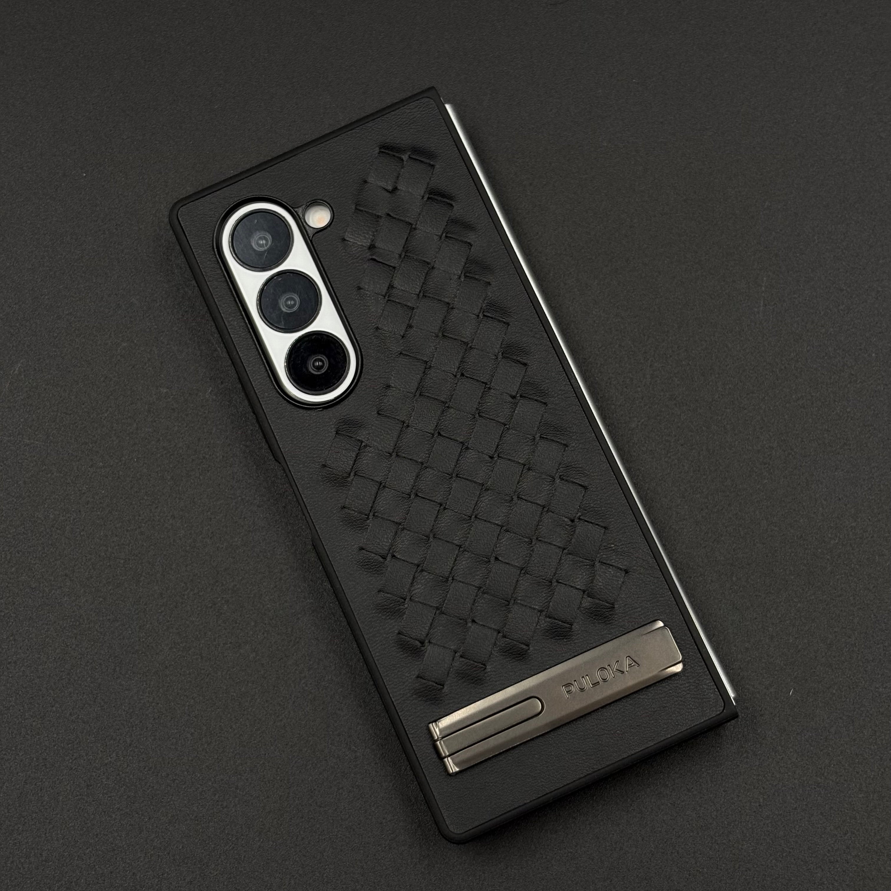 Premium Grid Leather Feel Case with Metal Kickstand For Samsung Galaxy Z Fold 6 | Woven Texture | Executive Style Protection