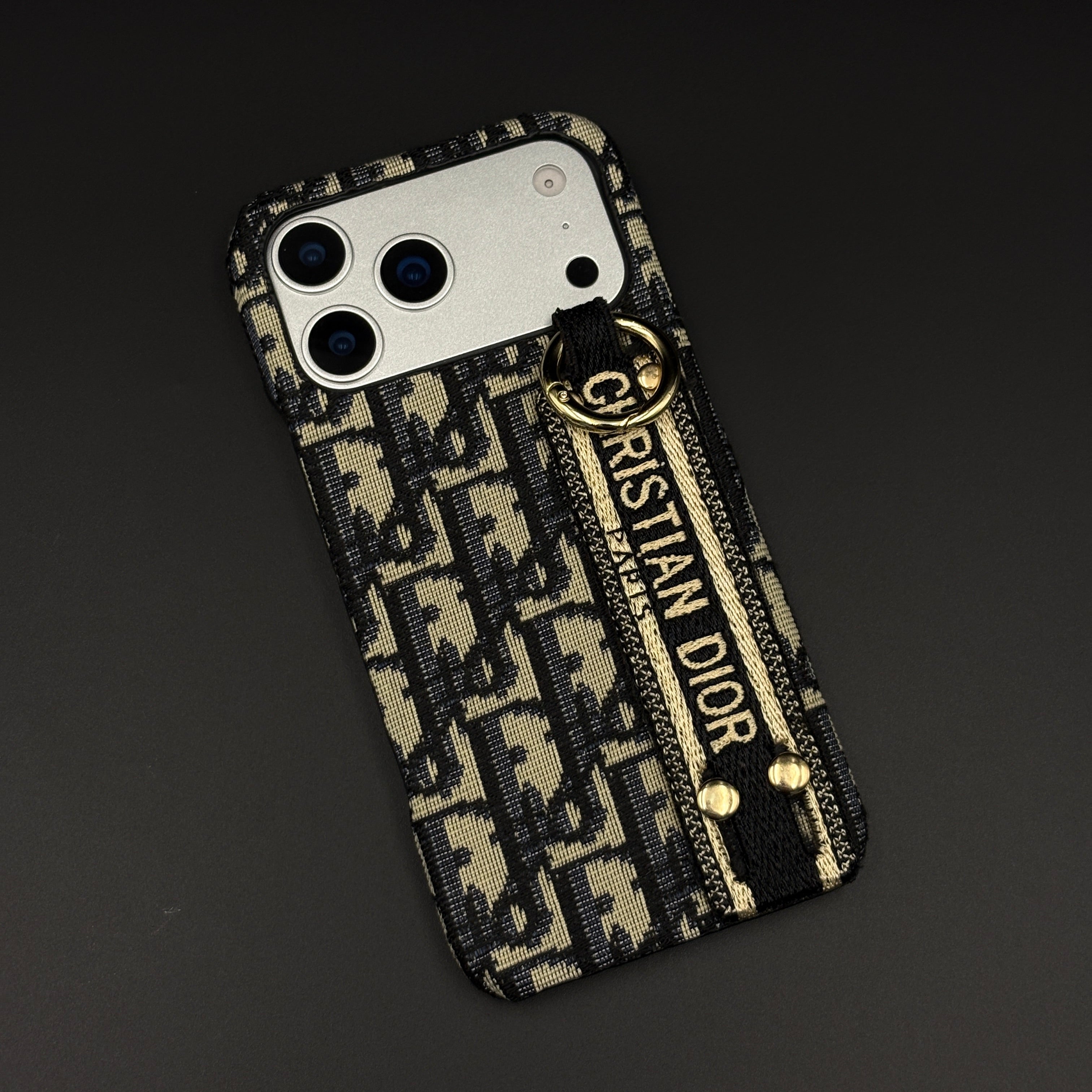 CD Embroidered Belt Strap Case for iPhone 17 Series | Designer Fabric Holder