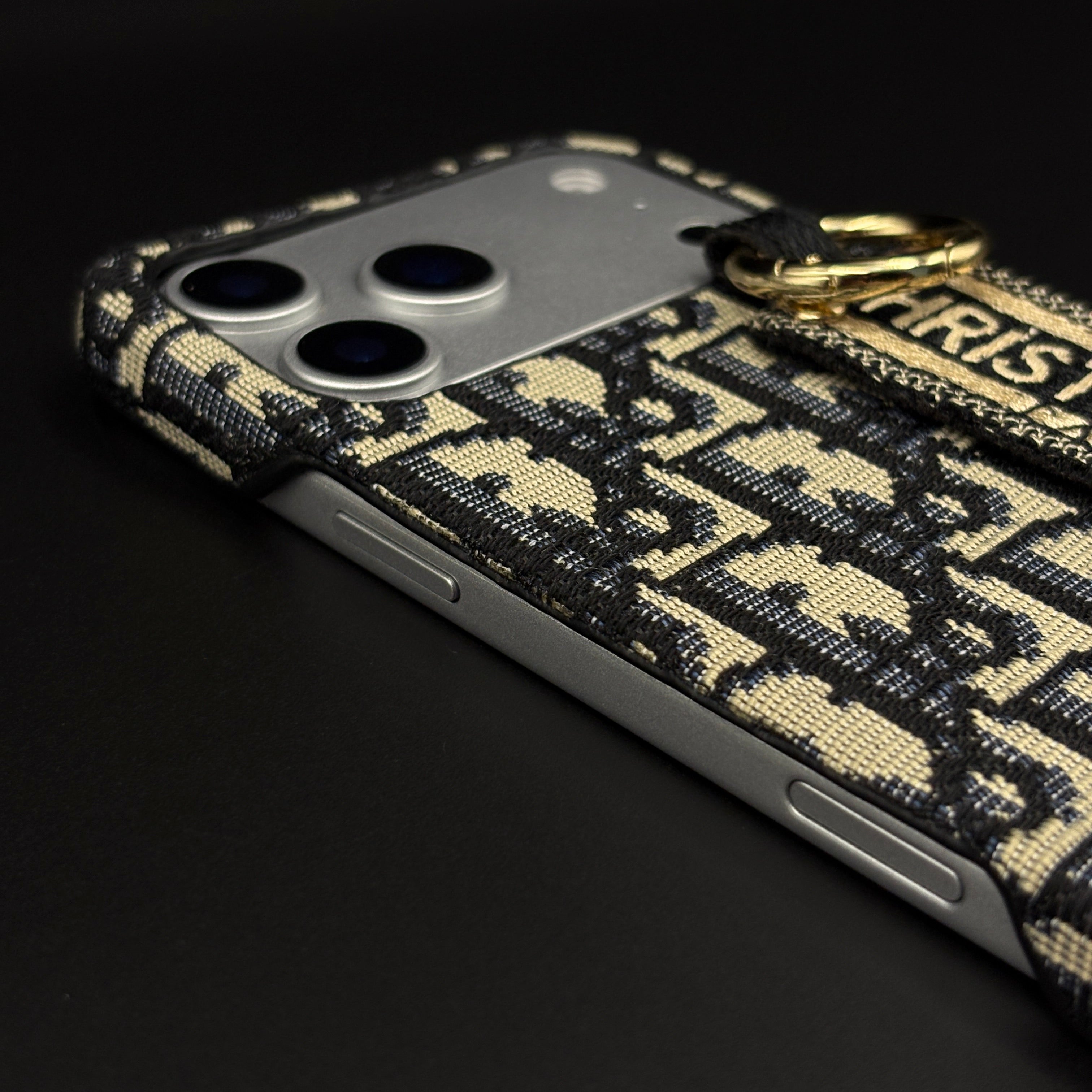 CD Embroidered Belt Strap Case for iPhone 17 Series | Designer Fabric Holder