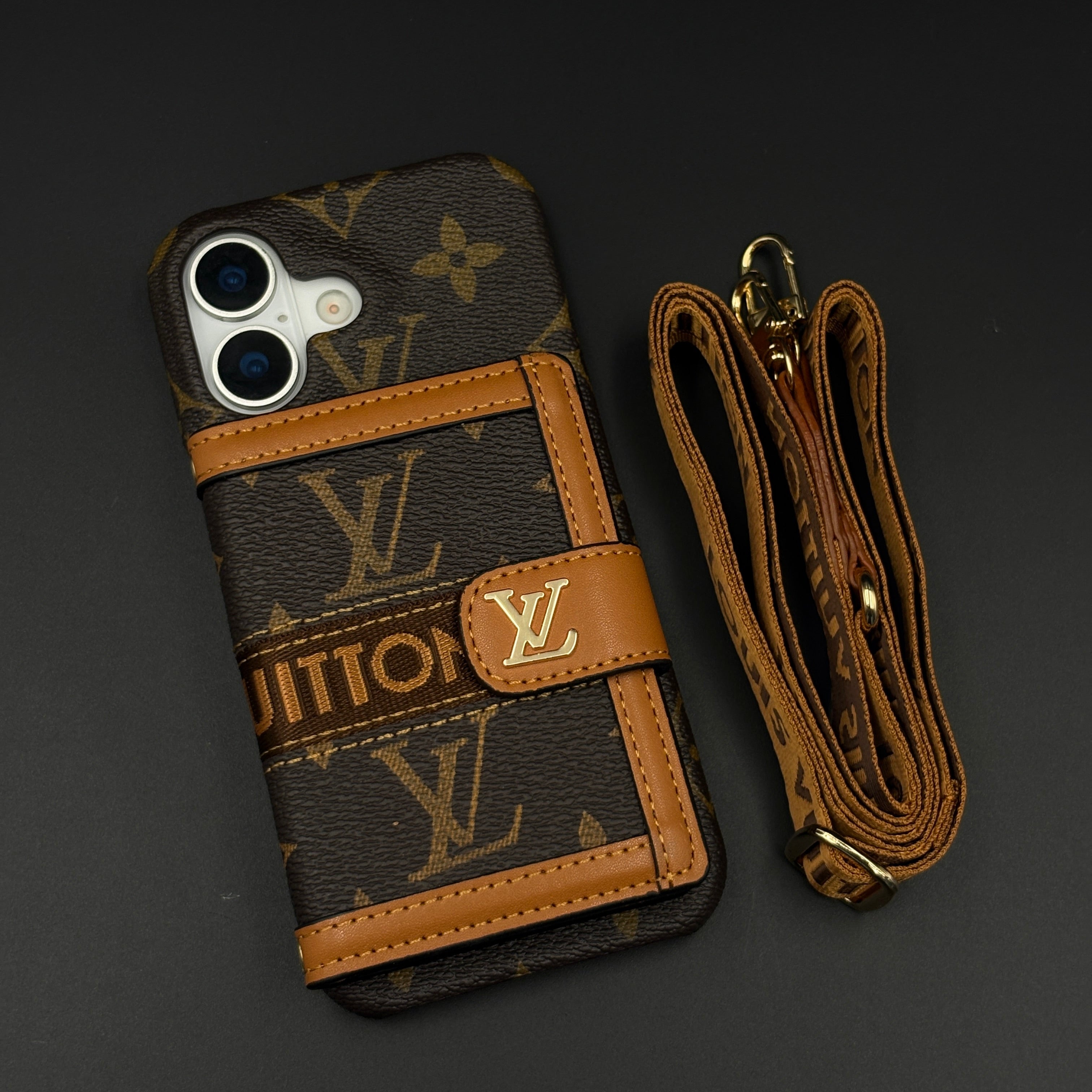 Luxury Monogram Cardholder Wallet Case with Crossbody Sling for iPhone 17 | Designer Brown Edition