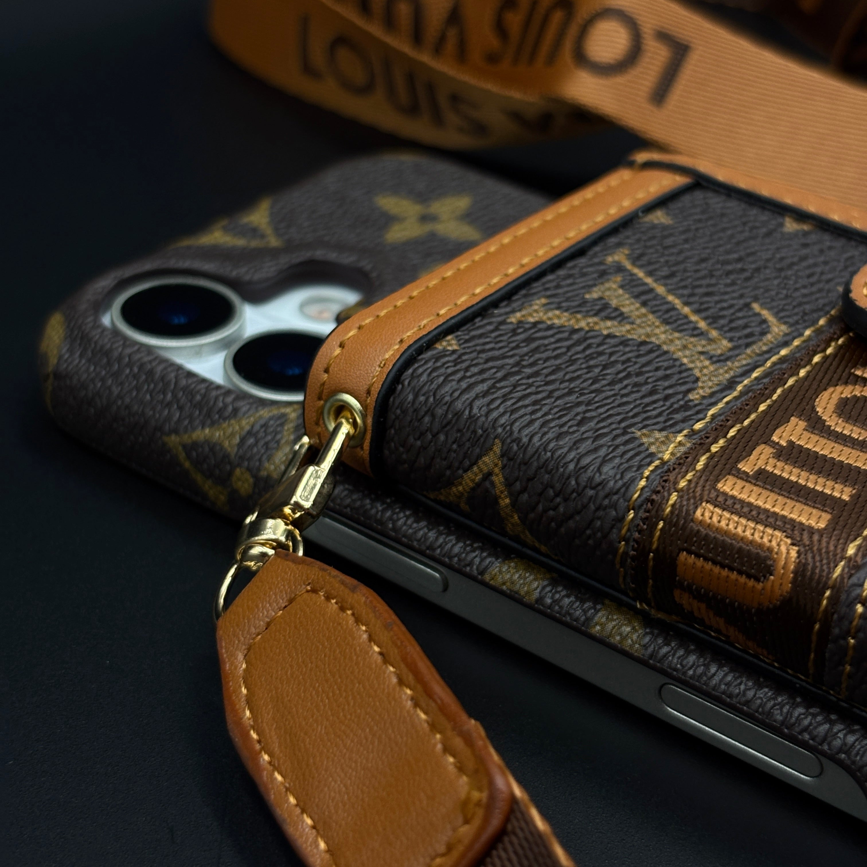Luxury Monogram Cardholder Wallet Case with Crossbody Sling for iPhone 17 | Designer Brown Edition