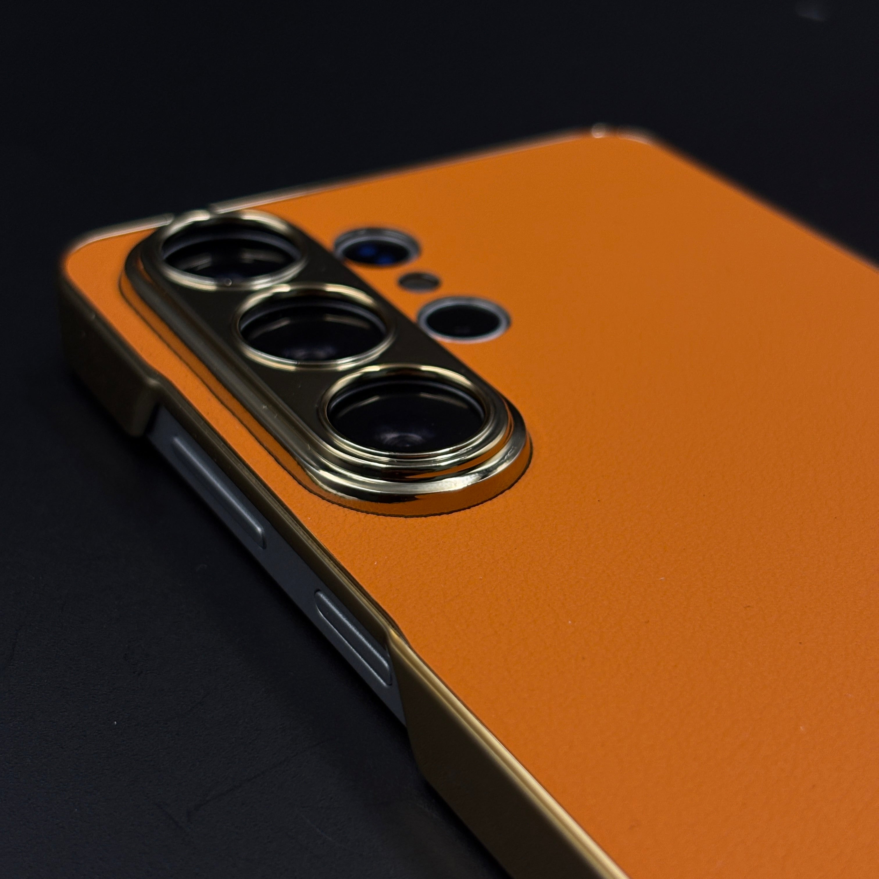 Orange Leather Kickstand Case with Gold Border and Camera Protection for Samsung Galaxy S26 Ultra