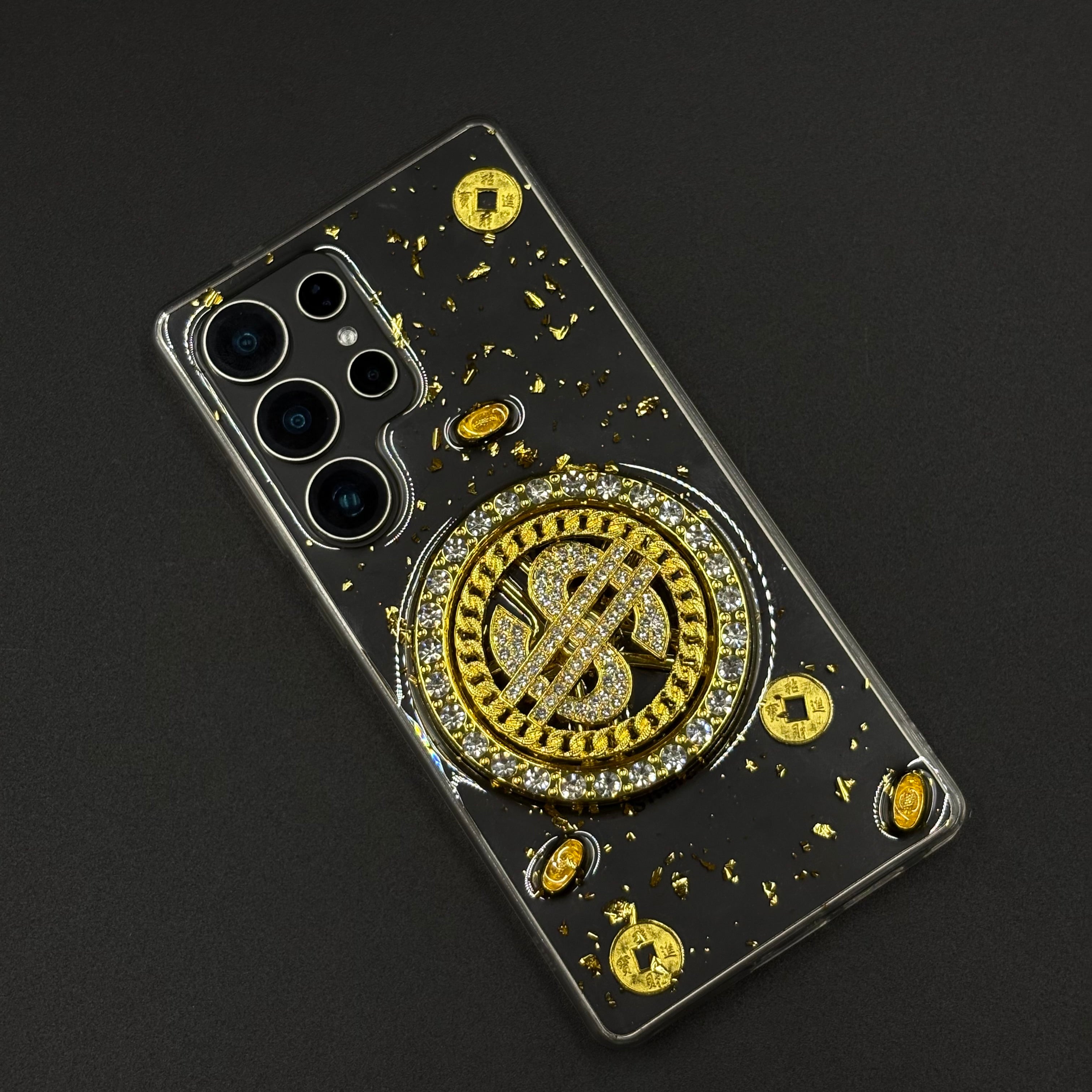 Luxury Rotating Dollar Case for Samsung Galaxy S25 Ultra | Gold Bling Coin Design with Beaded Wrist Strap