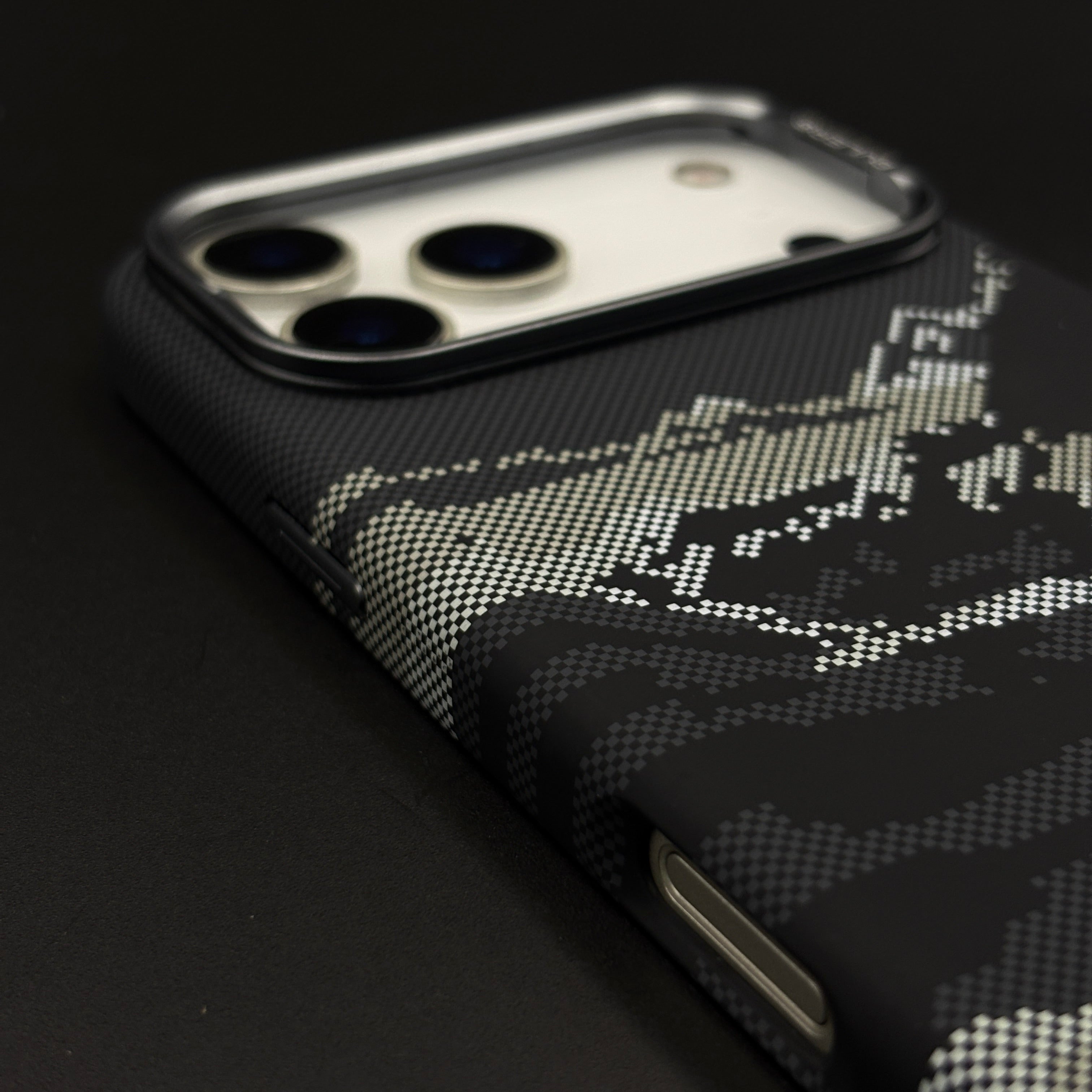 Pixel Camo Black Carbon Fibre Hidden MagSafe Case with Camera Kickstand for iPhone 17 Series