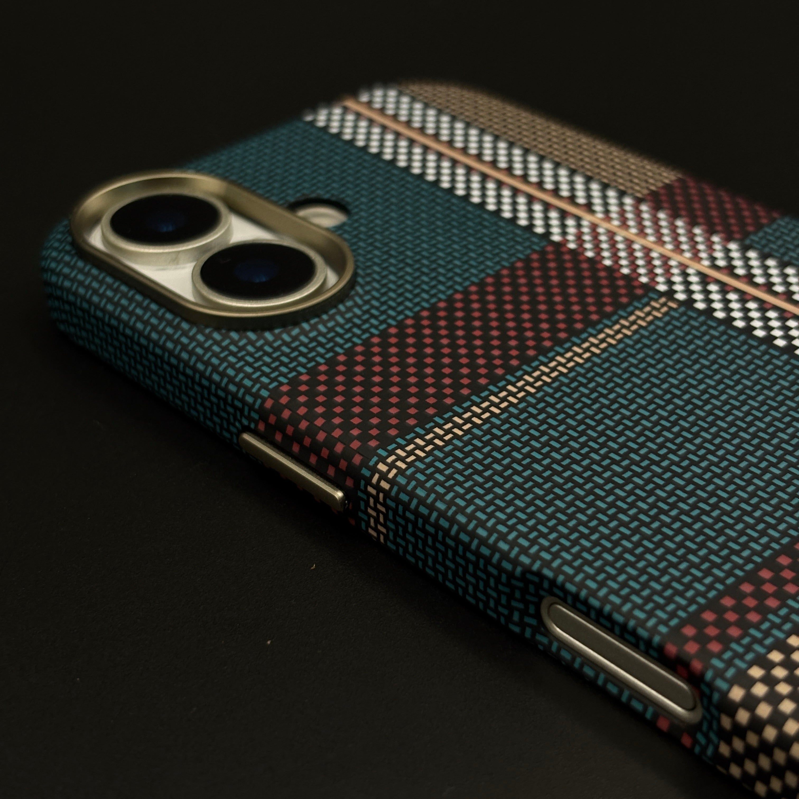 Teal Burgundy Plaid Slim Mobile Case Cover for iPhone 17 | Rare Aramid Texture Finish | Real Carbon Fibre Feel | Hidden MagSafe