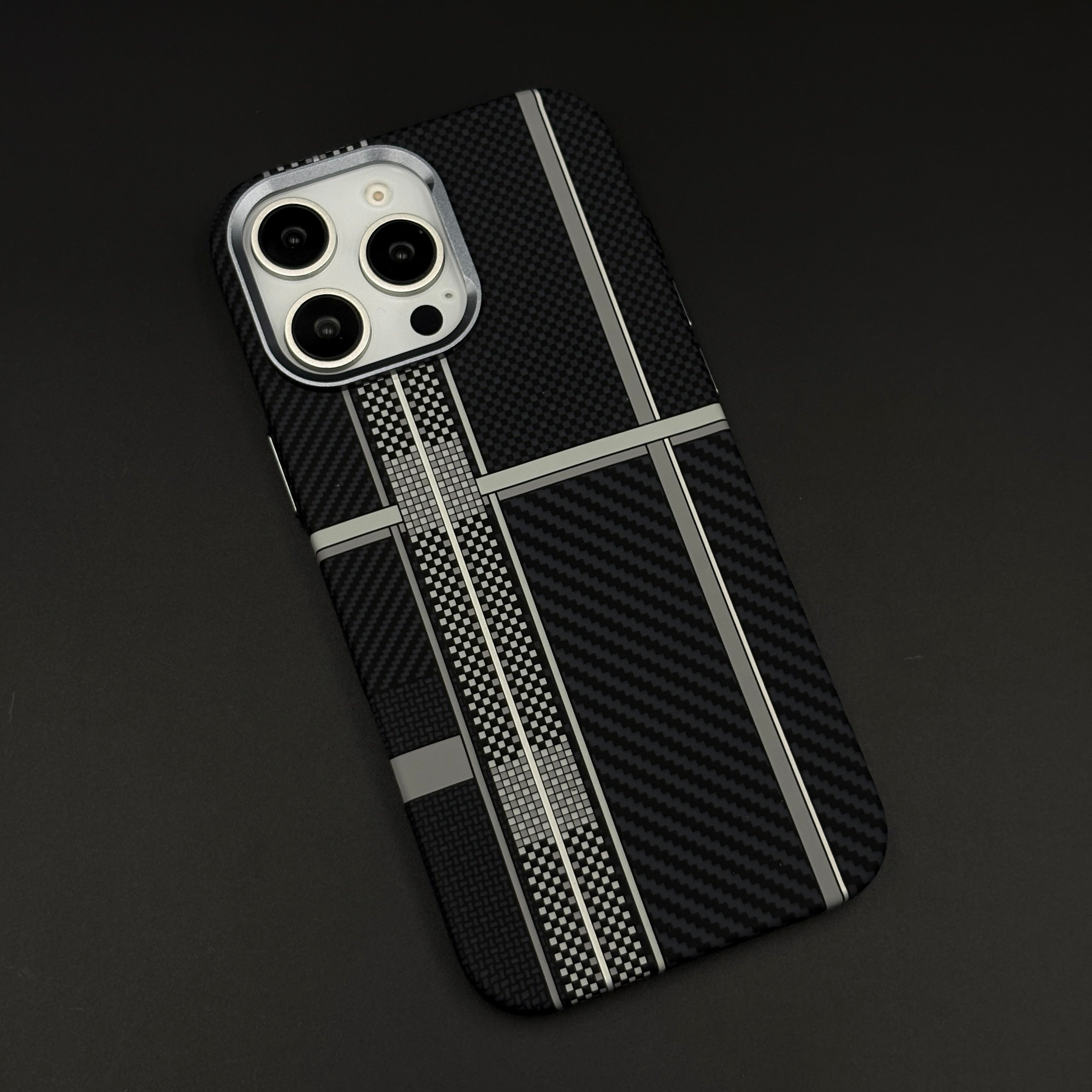 Ivory Plaid Black Phone Case Cover for iPhone Series | Rare Aramid Texture Finish | Real Carbon Fibre Feel | Hidden MagSafe