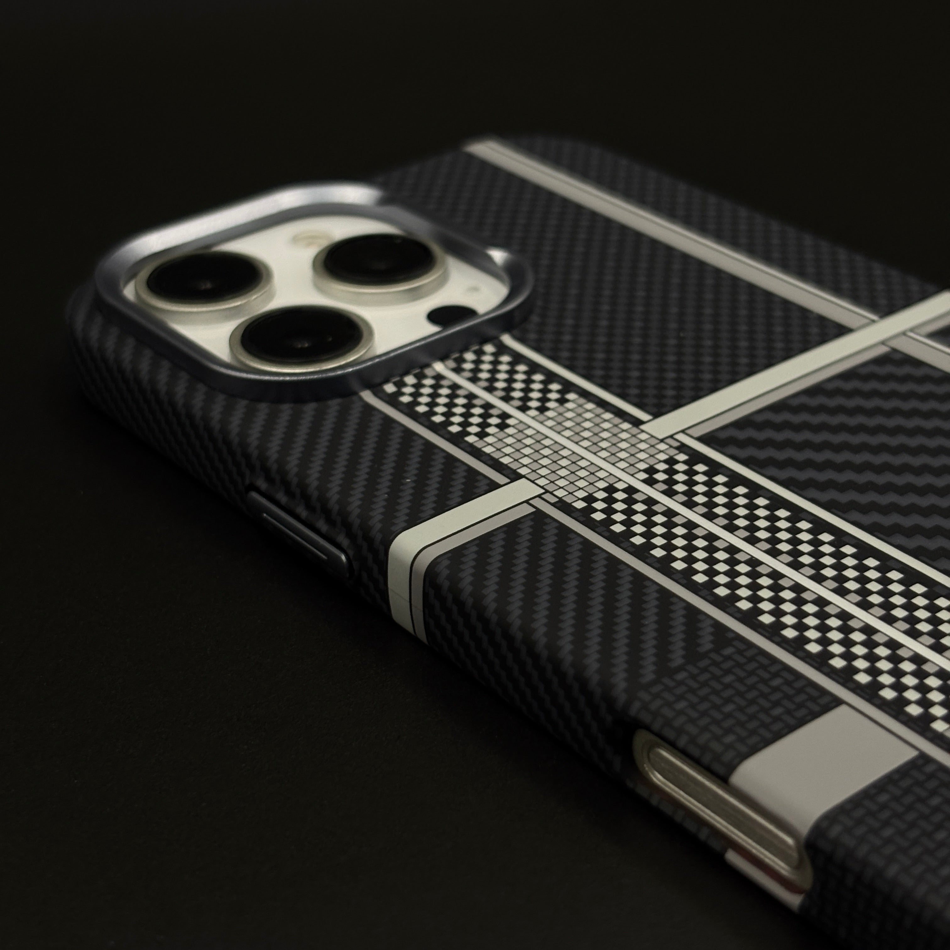 Ivory Plaid Black Phone Case Cover for iPhone Series | Rare Aramid Texture Finish | Real Carbon Fibre Feel | Hidden MagSafe
