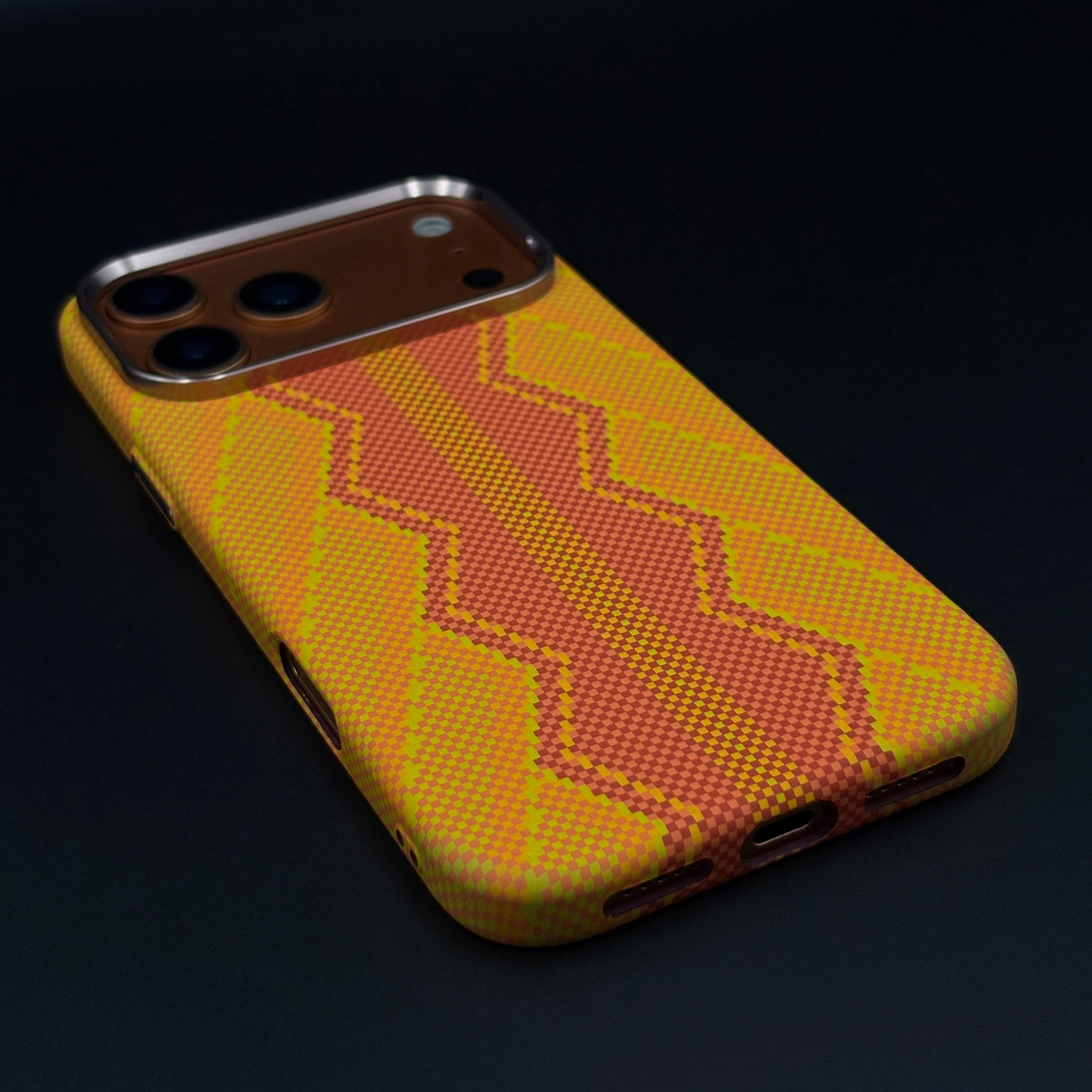 Sunburst Orange Zigzag Case Slim Mobile Case Cover for iPhone 17 Series | Rare Aramid Texture Finish | Real Carbon Fibre Feel | Hidden MagSafe