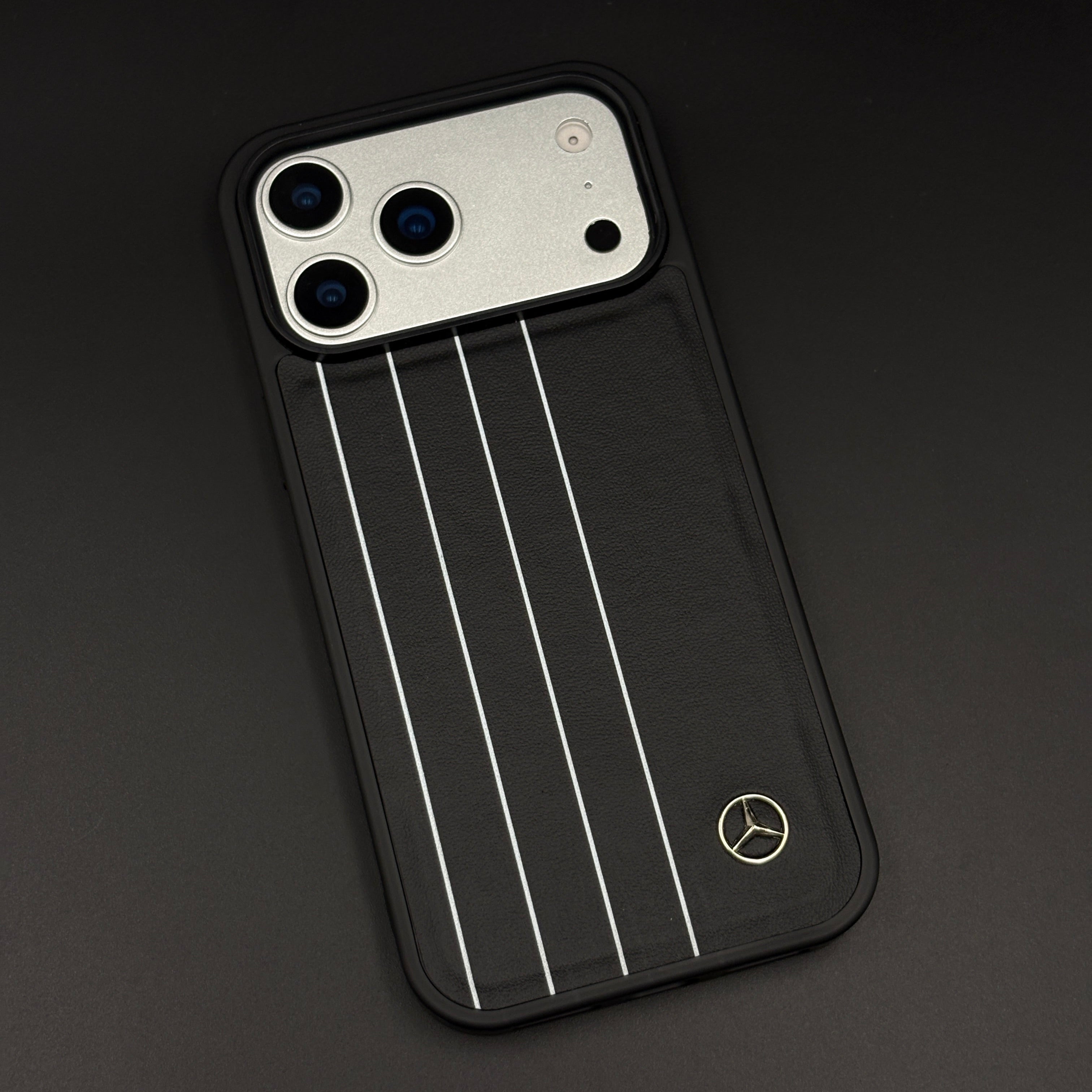 Luxury Triple Stripe Sports Car Merc Logo Leather Case for iPhone 17 Series | Slim Protective Back Cover