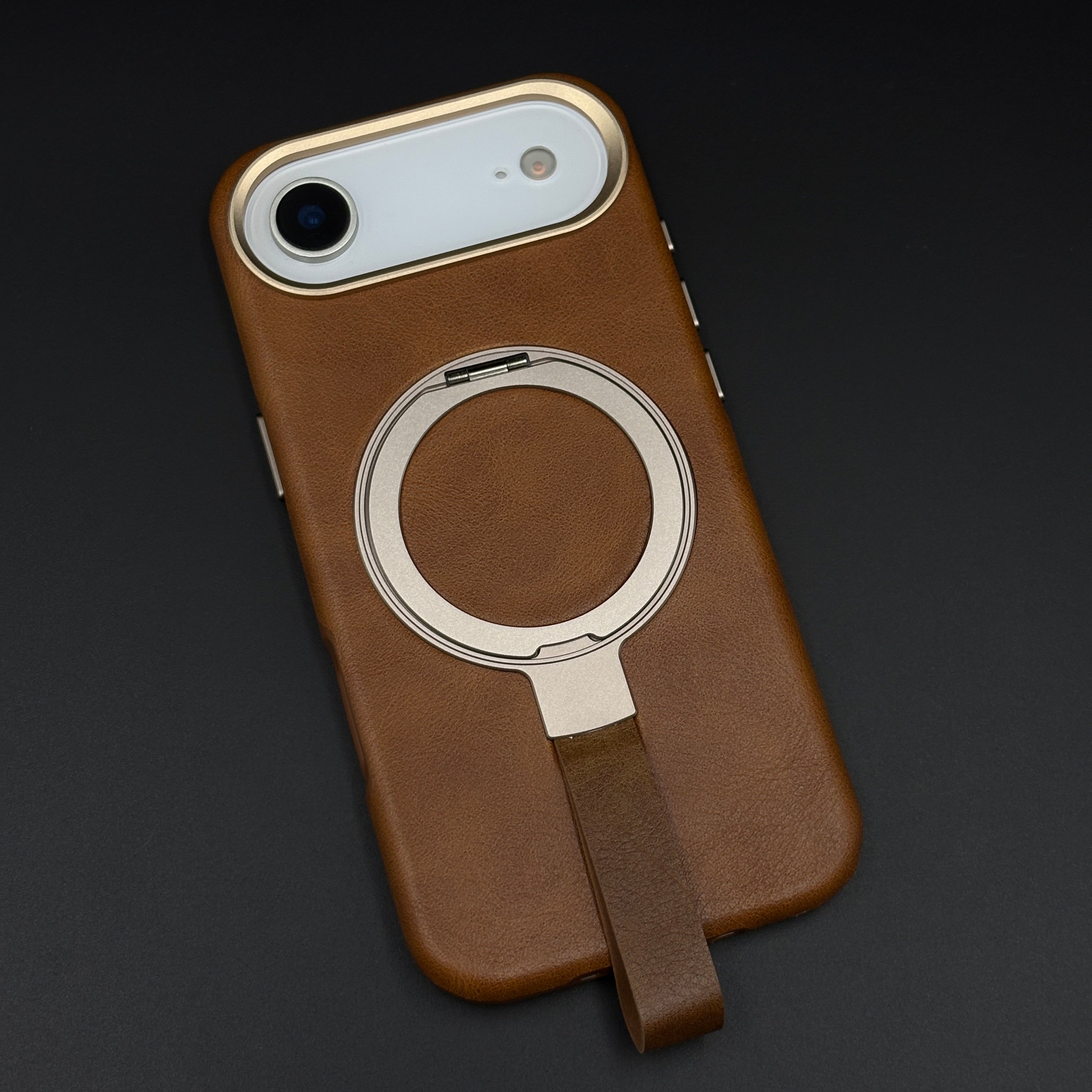 Leather MagSafe Ring Stand Case with Strap for iPhone 17 Air | Slim Grip Holder Cover