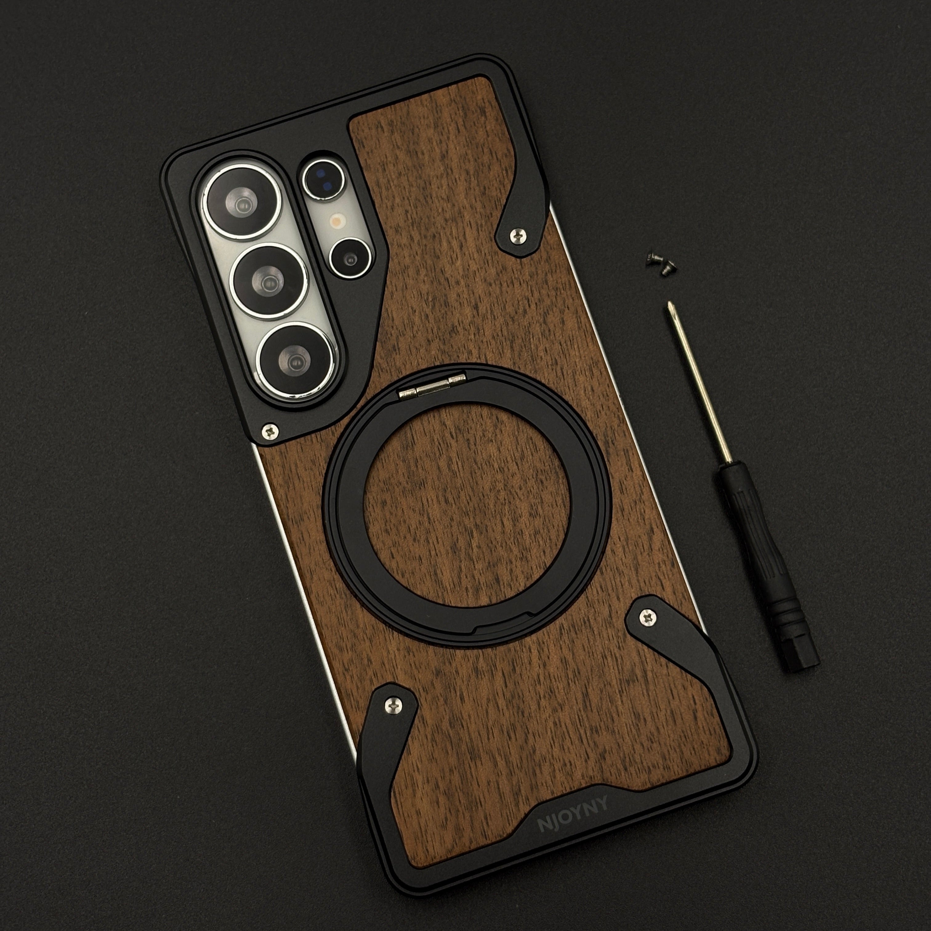 Wood Grain Metal Ring Stand Mobile Case Cover for Samsung Galaxy S26 Ultra