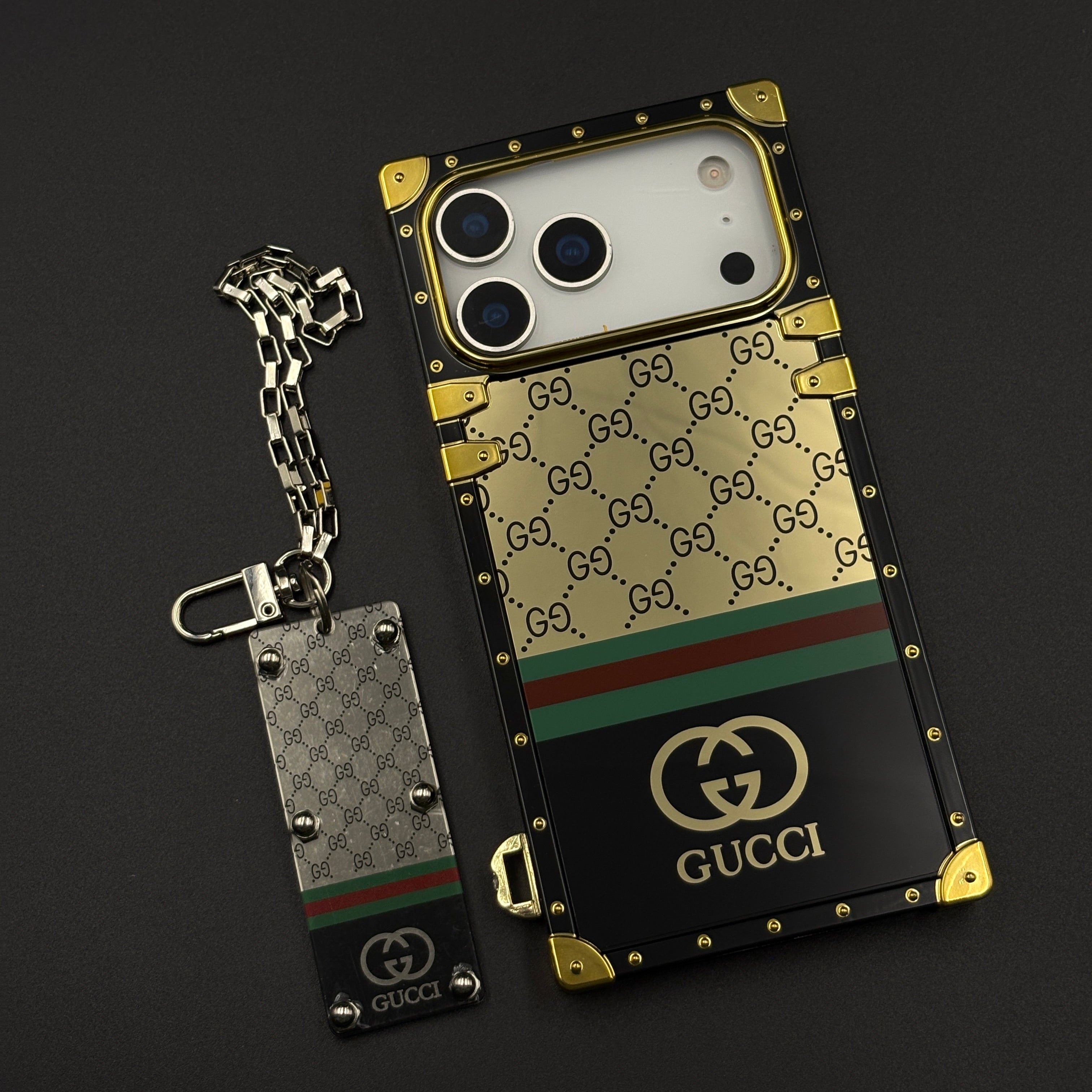 Luxury GG Stripe Square Trunk Case with Chain for iPhone 17 Series