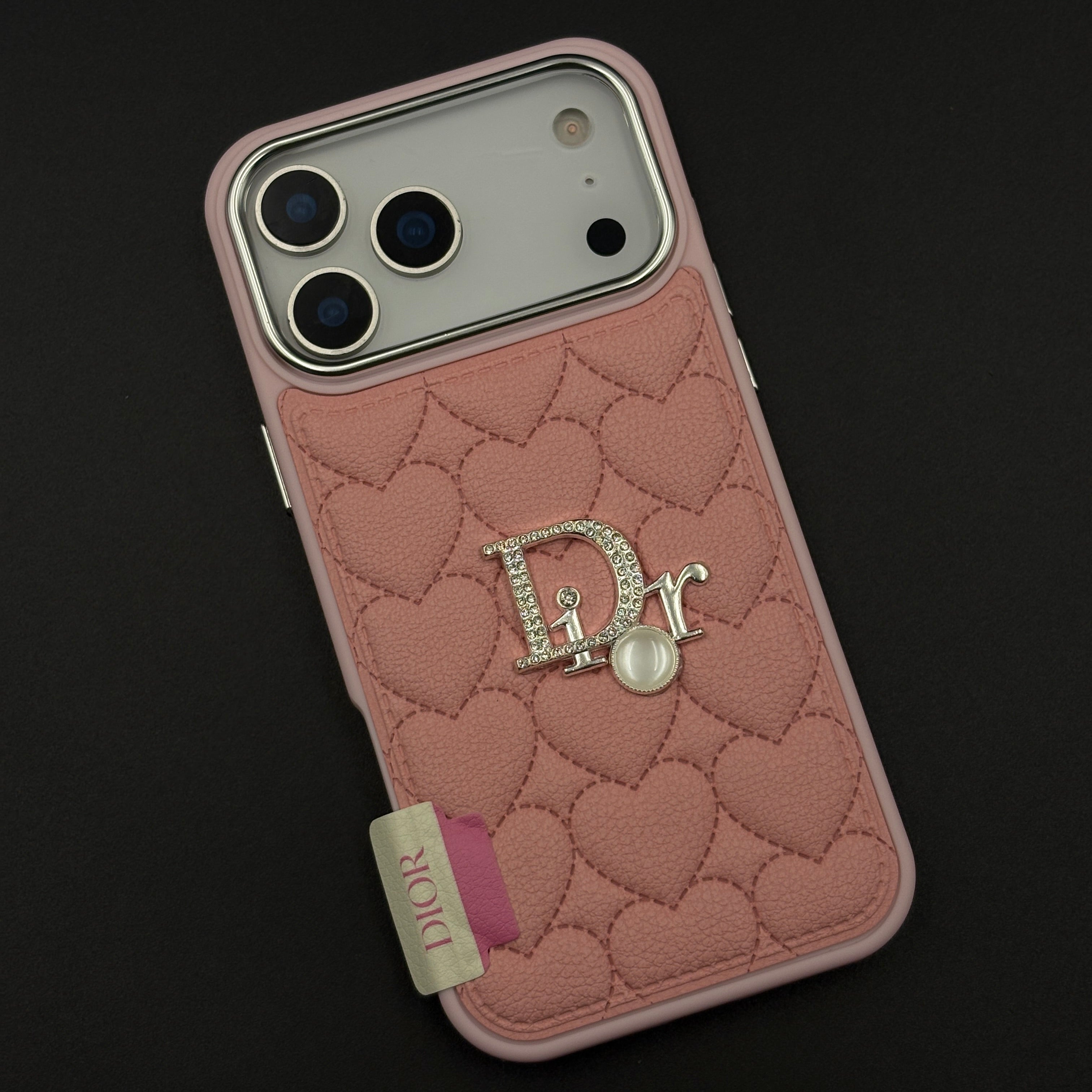 Luxury Heart Quilted Leather Case Cover for iPhone 17 Series – Orange & Pink | CD Pearl Diamond Edition