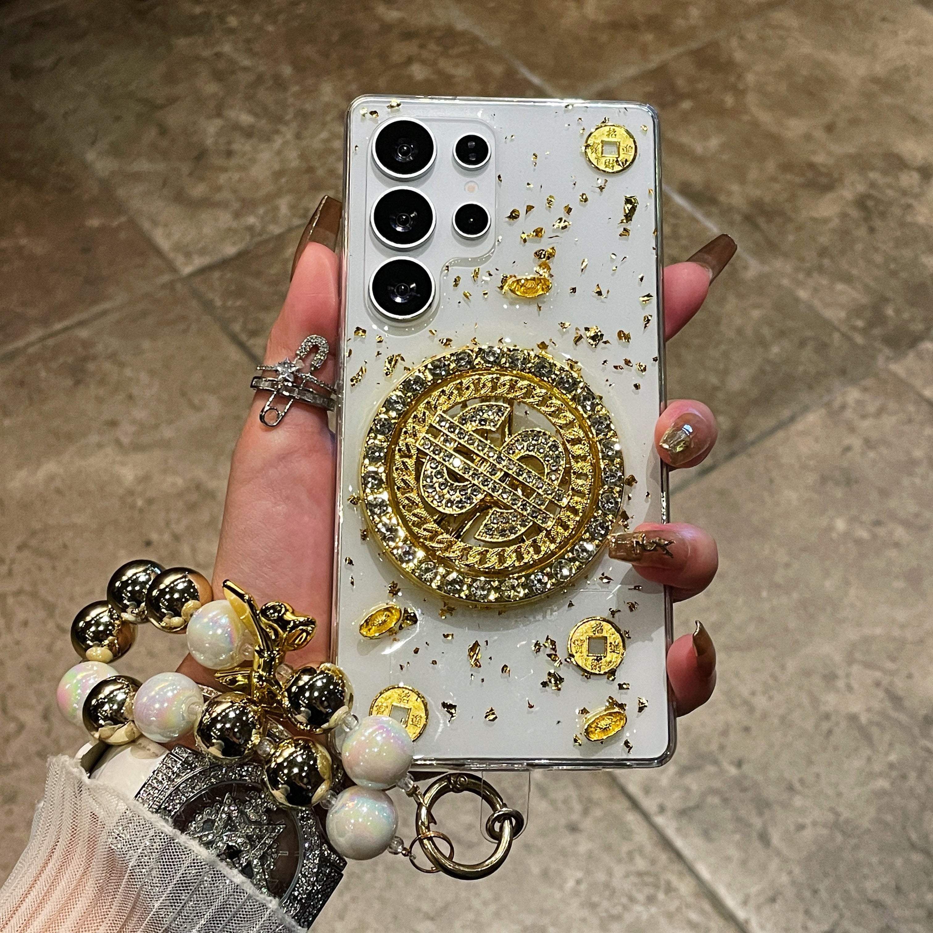 Luxury Rotating Dollar Case for Samsung Galaxy S24 | Gold Bling Coin Design with Beaded Wrist Strap