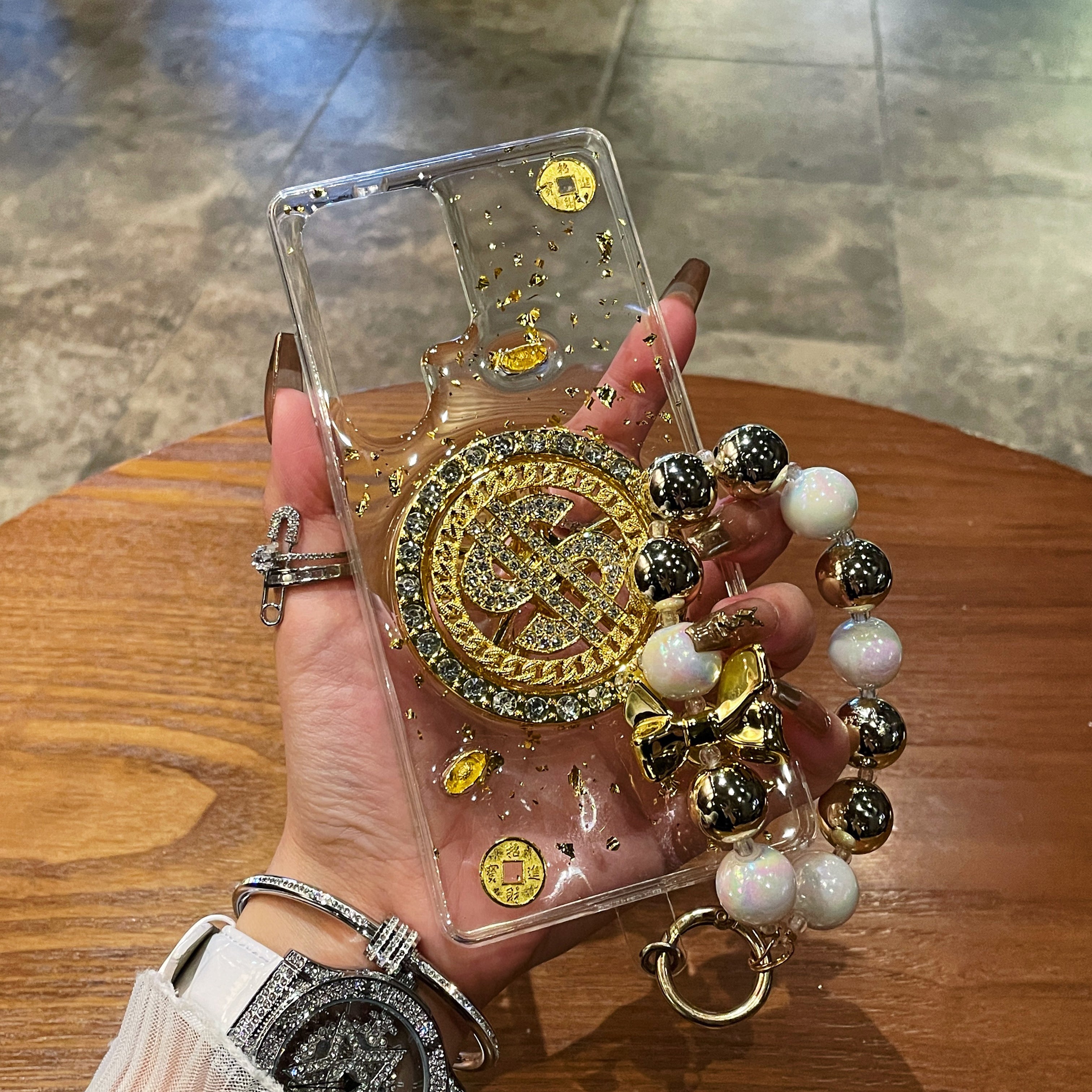 Luxury Rotating Dollar Case for Samsung Galaxy S24 | Gold Bling Coin Design with Beaded Wrist Strap