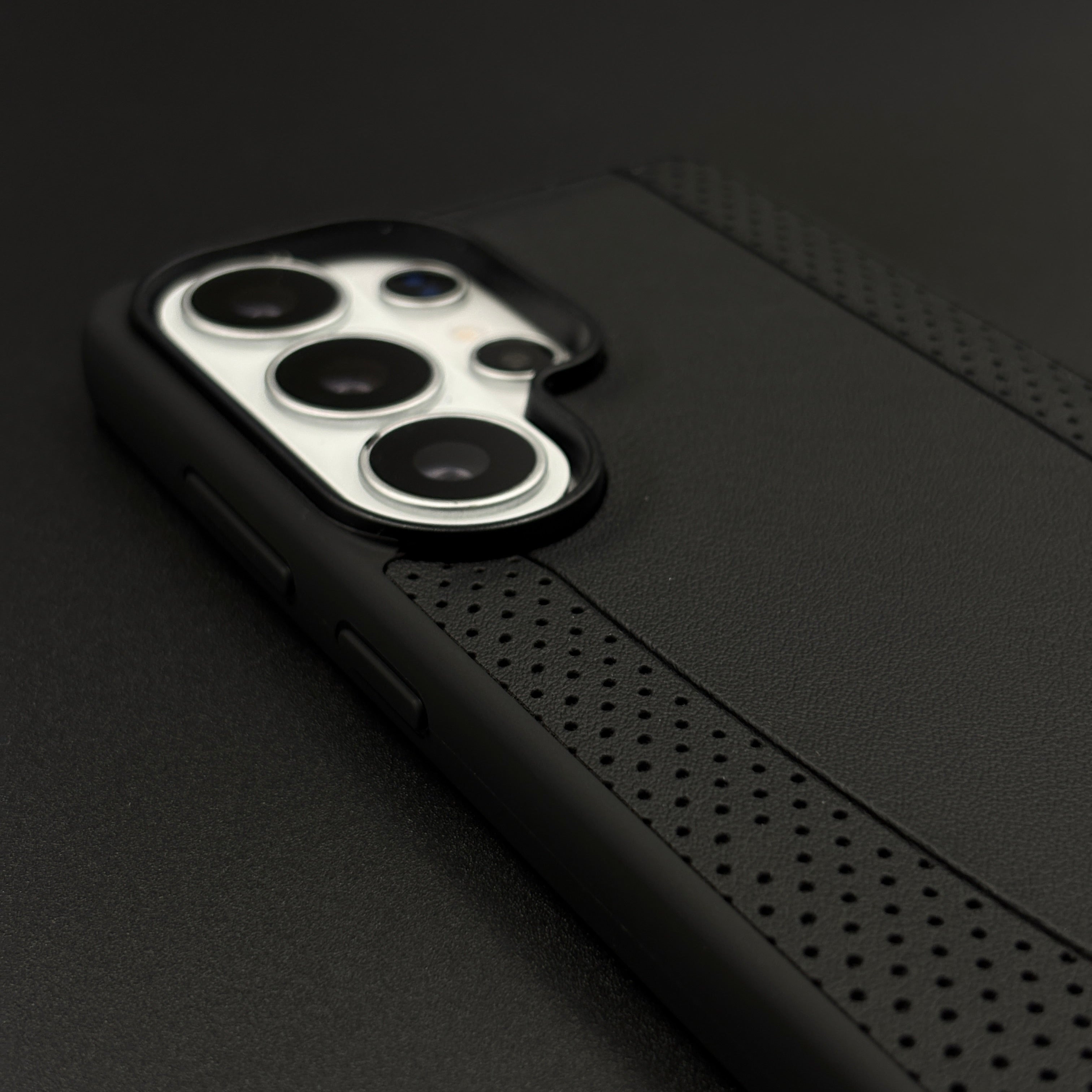 Black Perf Line Luxury Sports Car Merc Case for Samsung Galaxy S26 Ultra with Perforated Detail