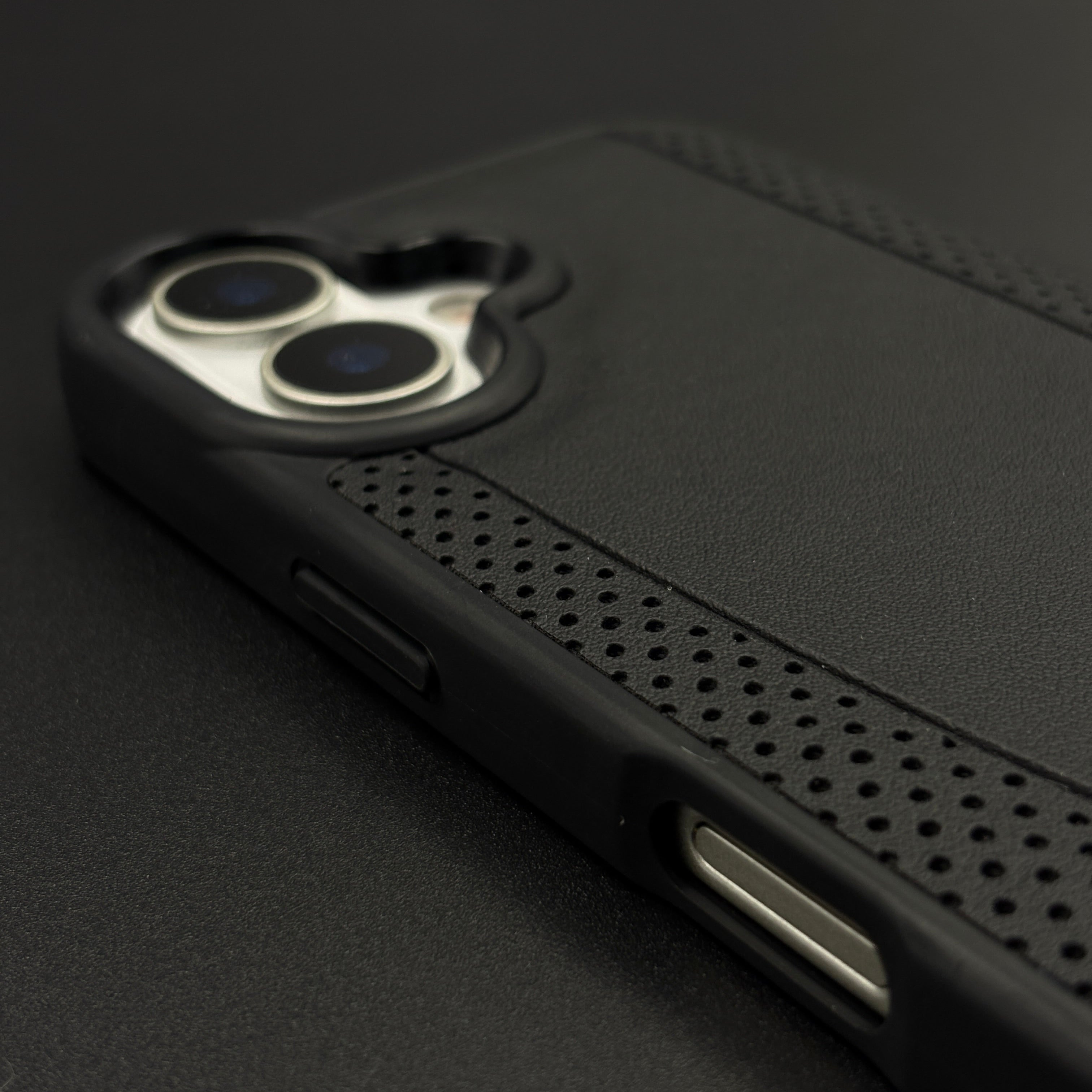 Black Perf Line Luxury Sports Car Merc Case for iPhone 17 with Perforated Detail