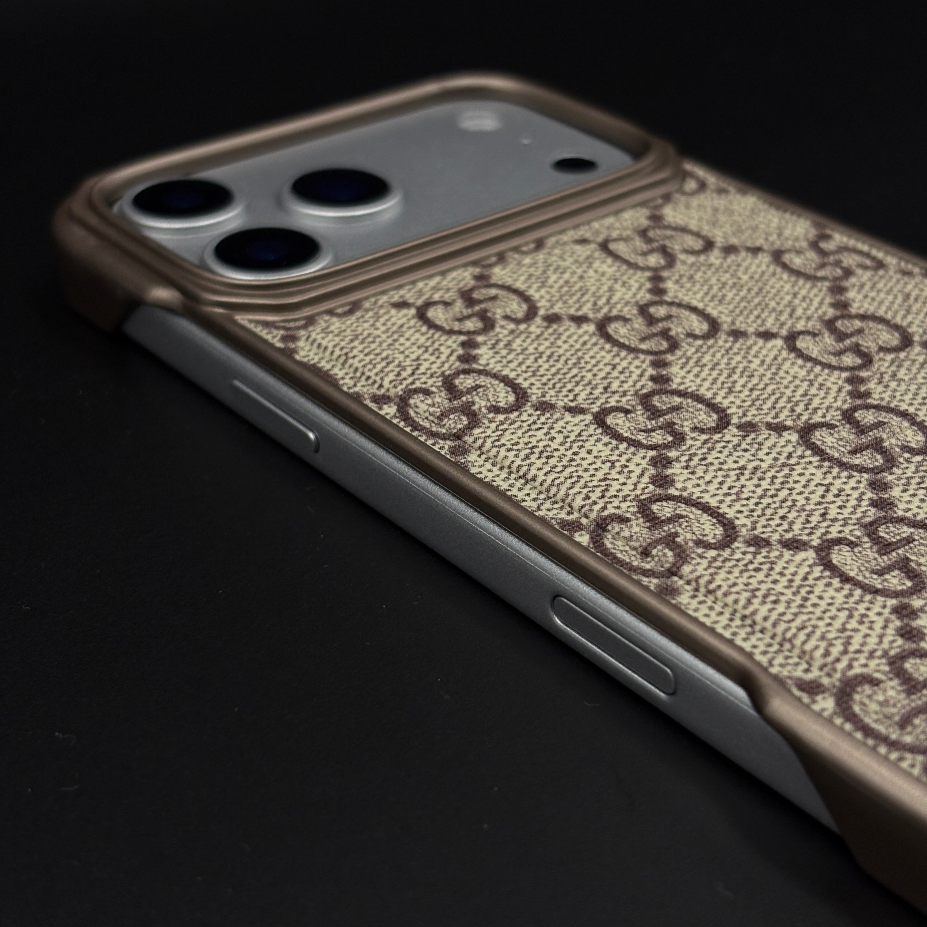 Luxury Branded GG Pattern Fabric Mobile Case for iPhone 17 Series | Premium Brown Texture Fabric