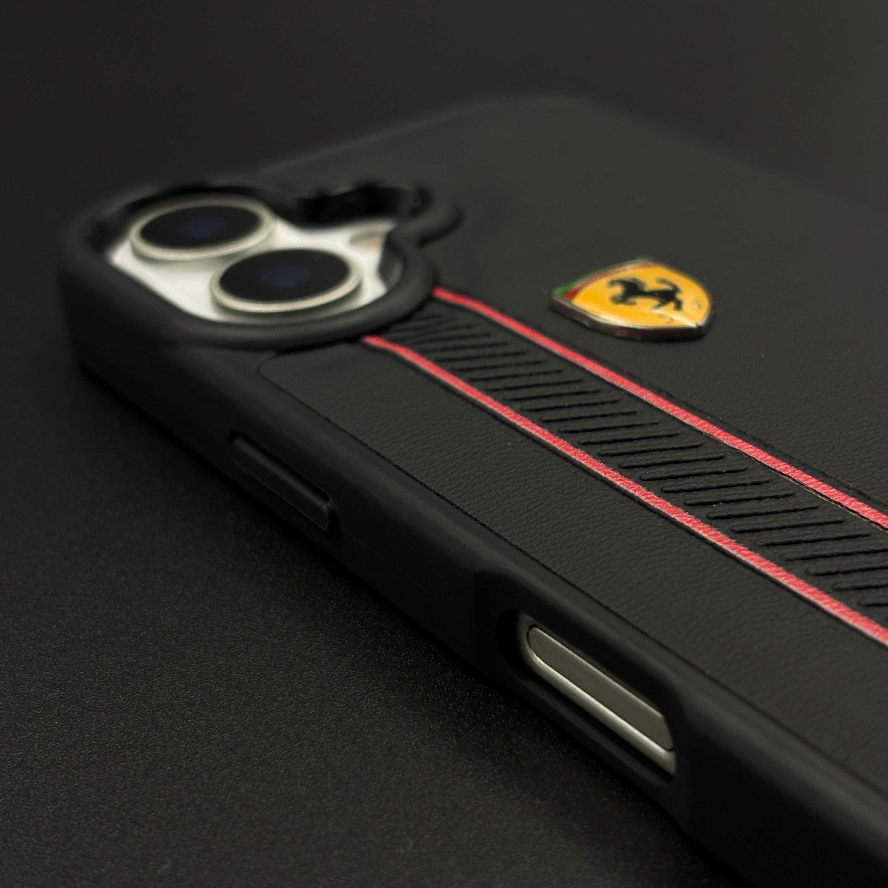 Luxury Sports Car FR Racing Red Stripe Case for iPhone 17 with Bold Black-and-Red Motorsport Finish