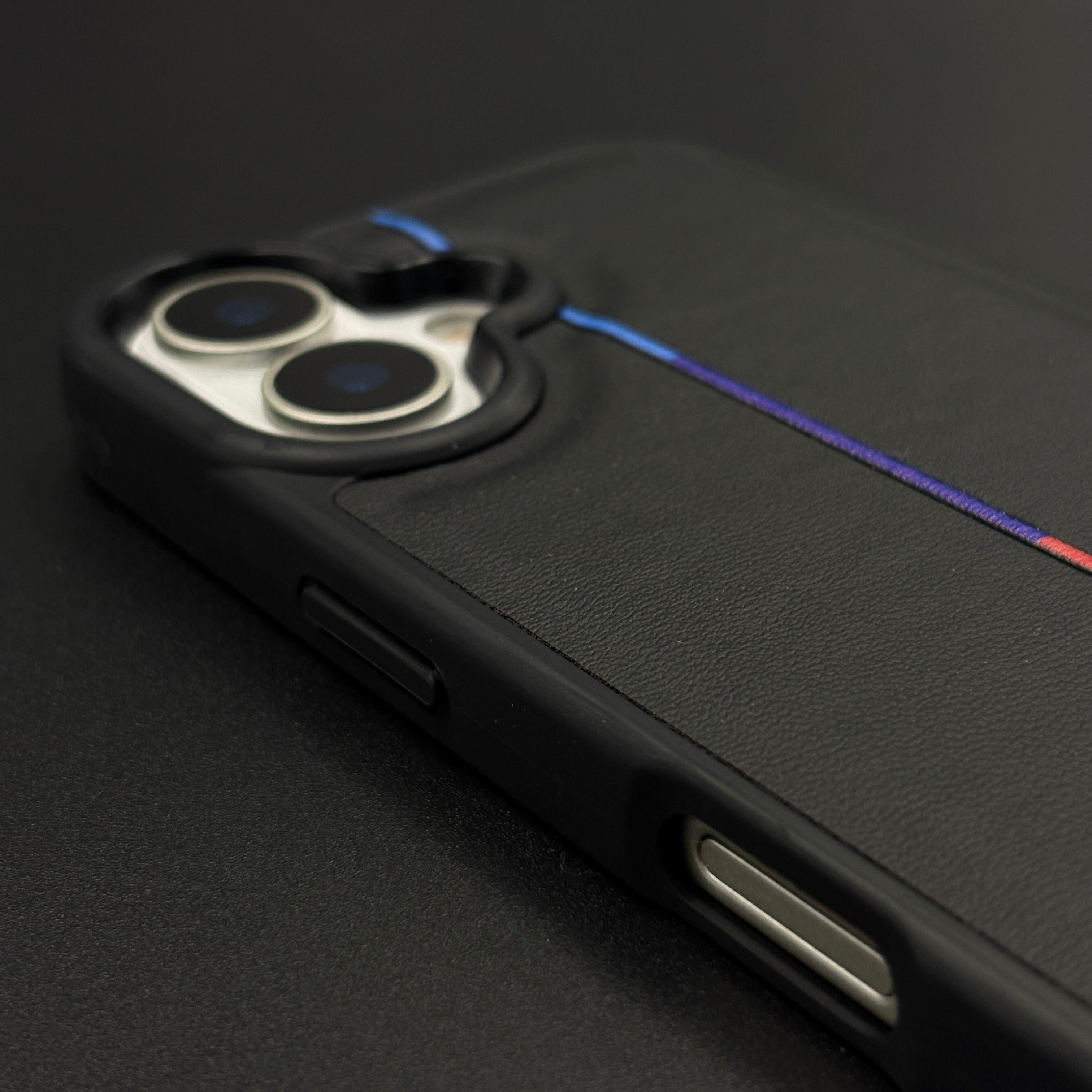 Performance M Series Sport Car Racing Stripe Case for iPhone 17 with Tricolor Accent