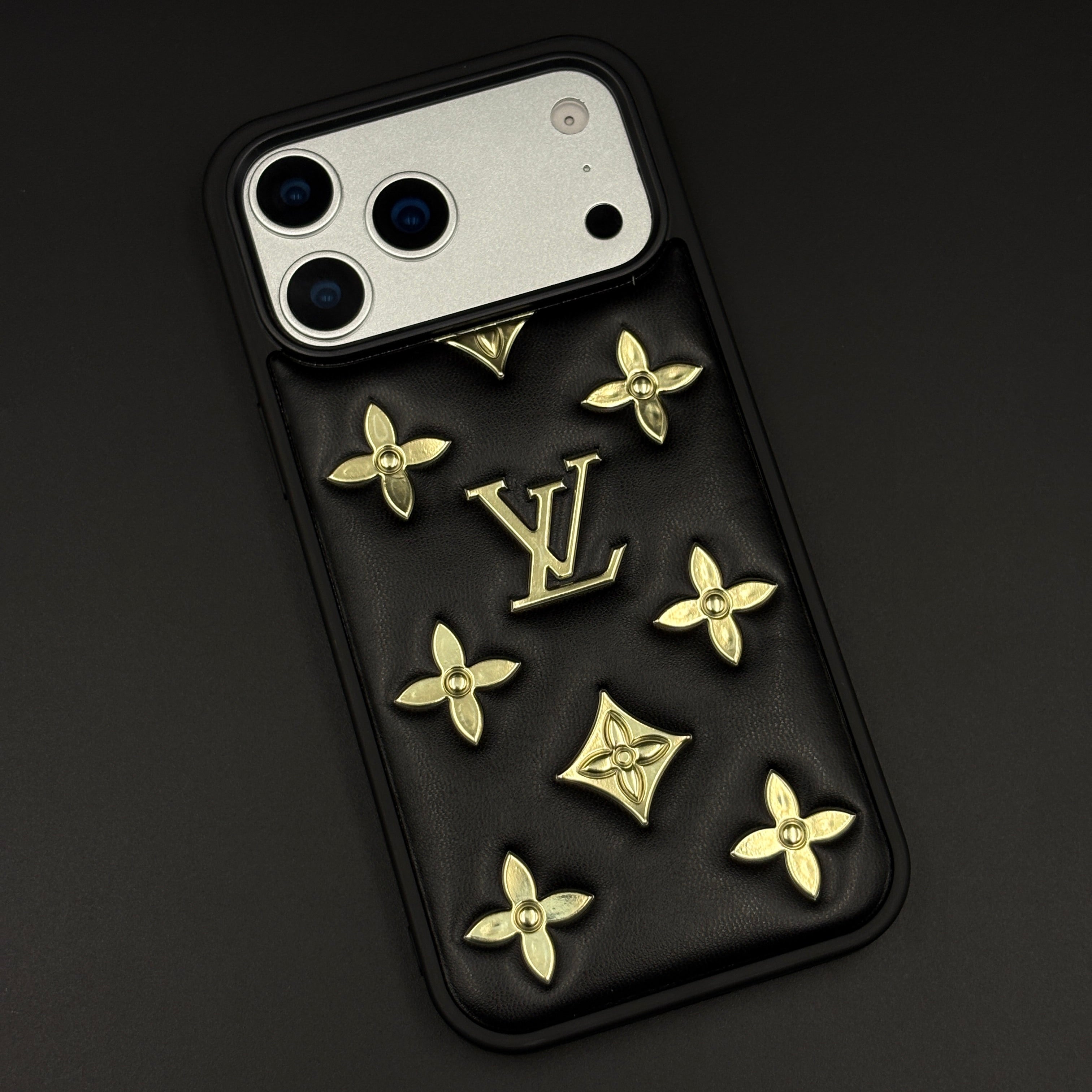 Luxury Embossed Gold Icon Mobile Case for iPhone 17 Series | Premium Black Soft-Touch Cushion Cover