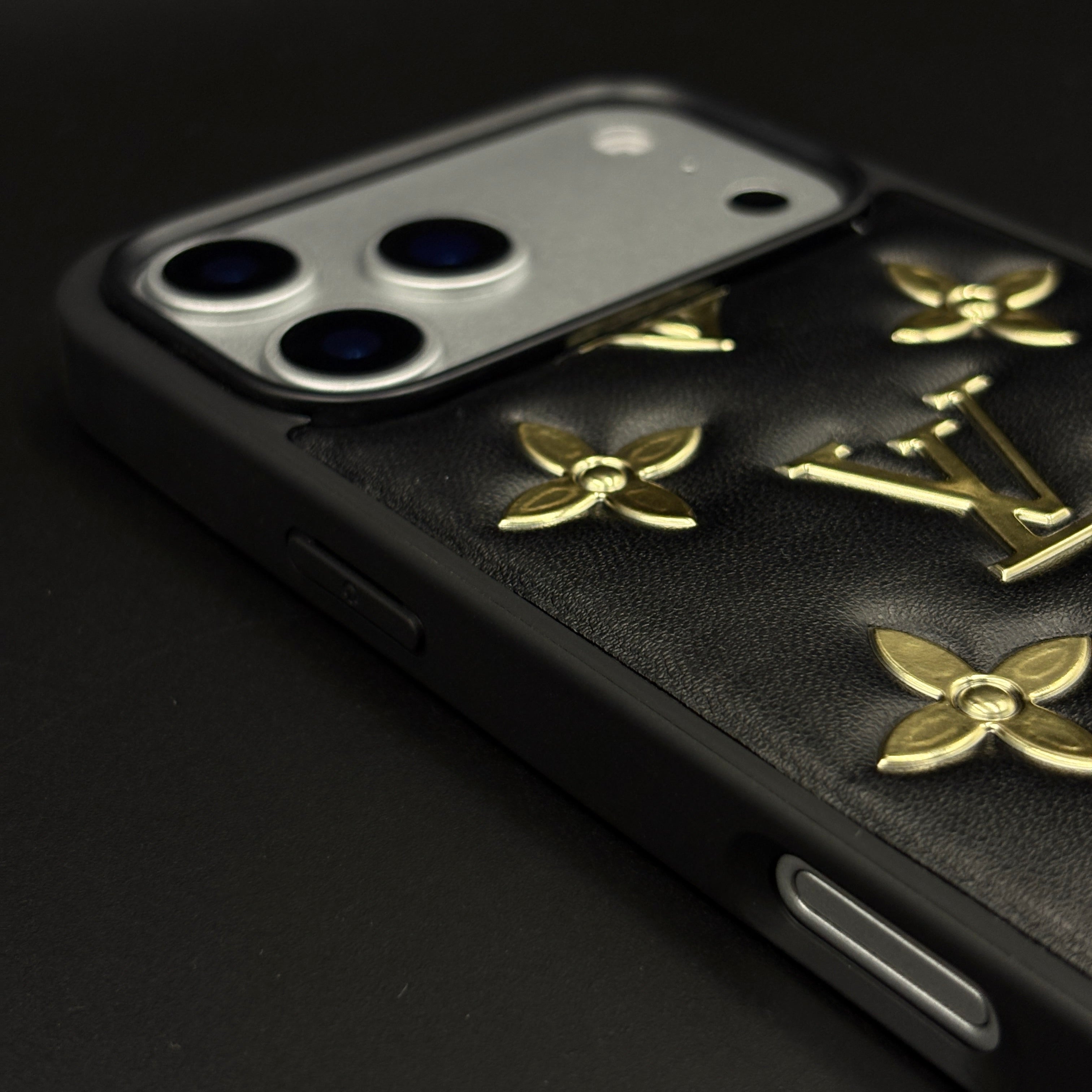 Luxury Embossed Gold Icon Mobile Case for iPhone 17 Series | Premium Black Soft-Touch Cushion Cover