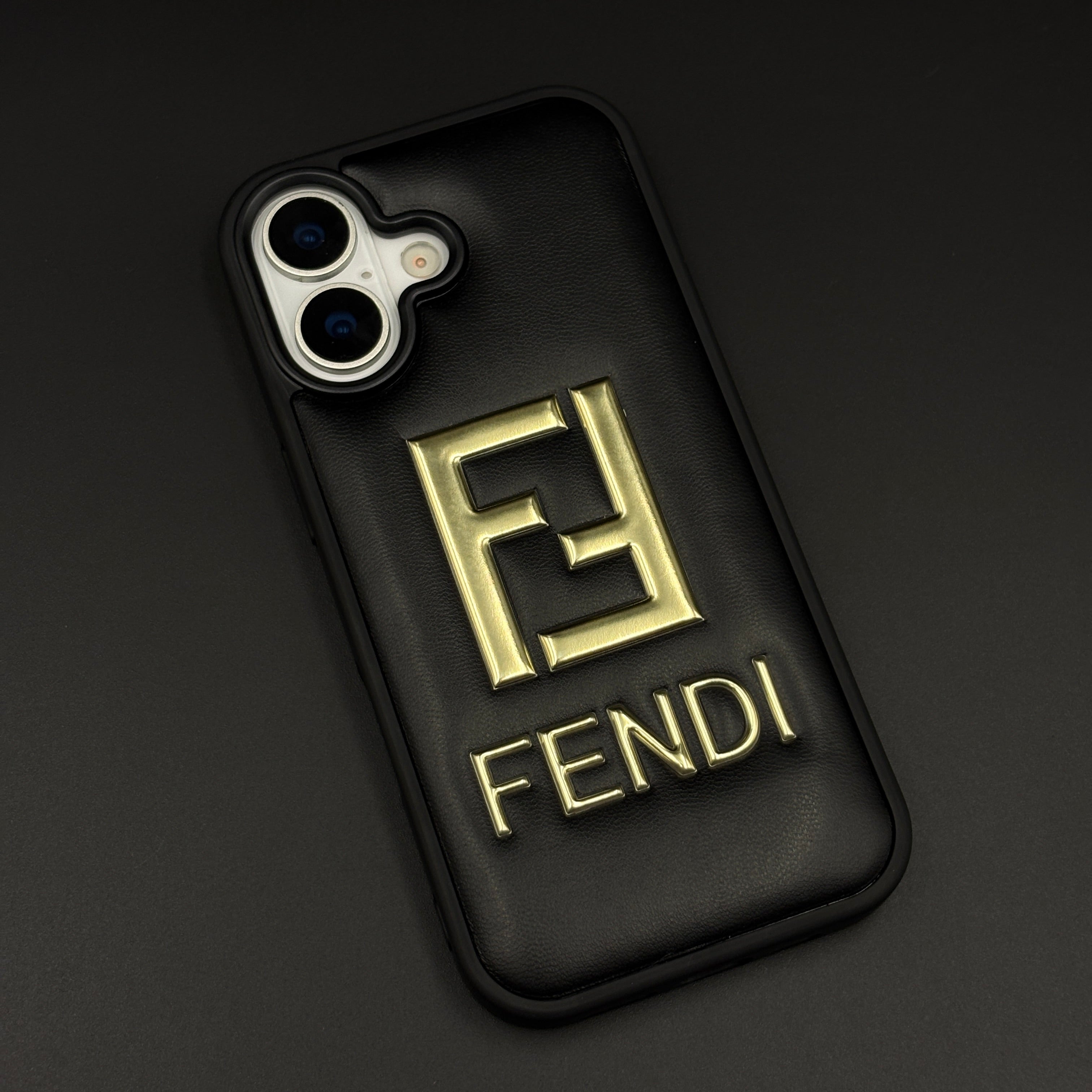 Gold Initial FF Emblem Puffer Mobile Case for iPhone 17 | Premium Black Cushion | Embossed Logo