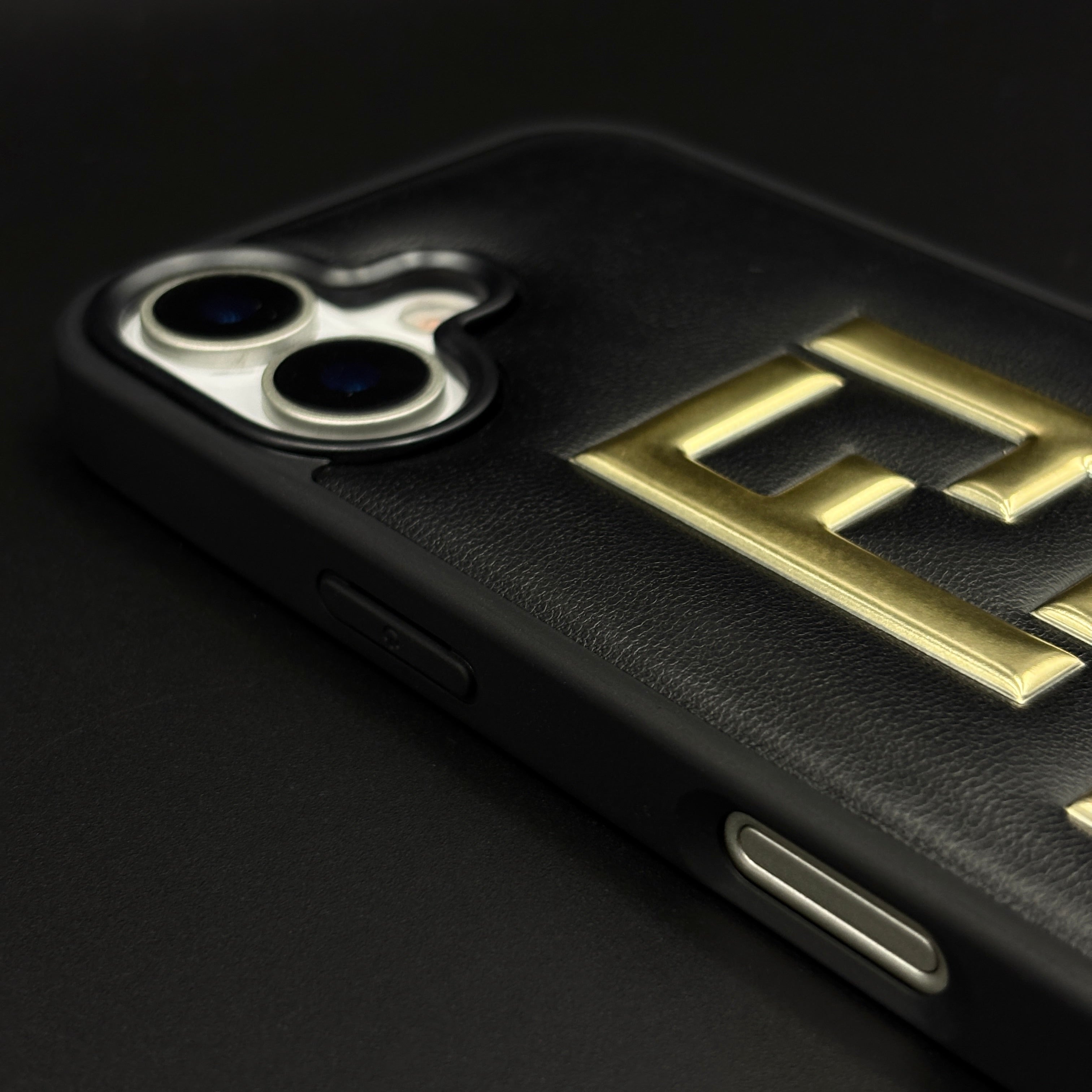Gold Initial FF Emblem Puffer Mobile Case for iPhone 17 | Premium Black Cushion | Embossed Logo