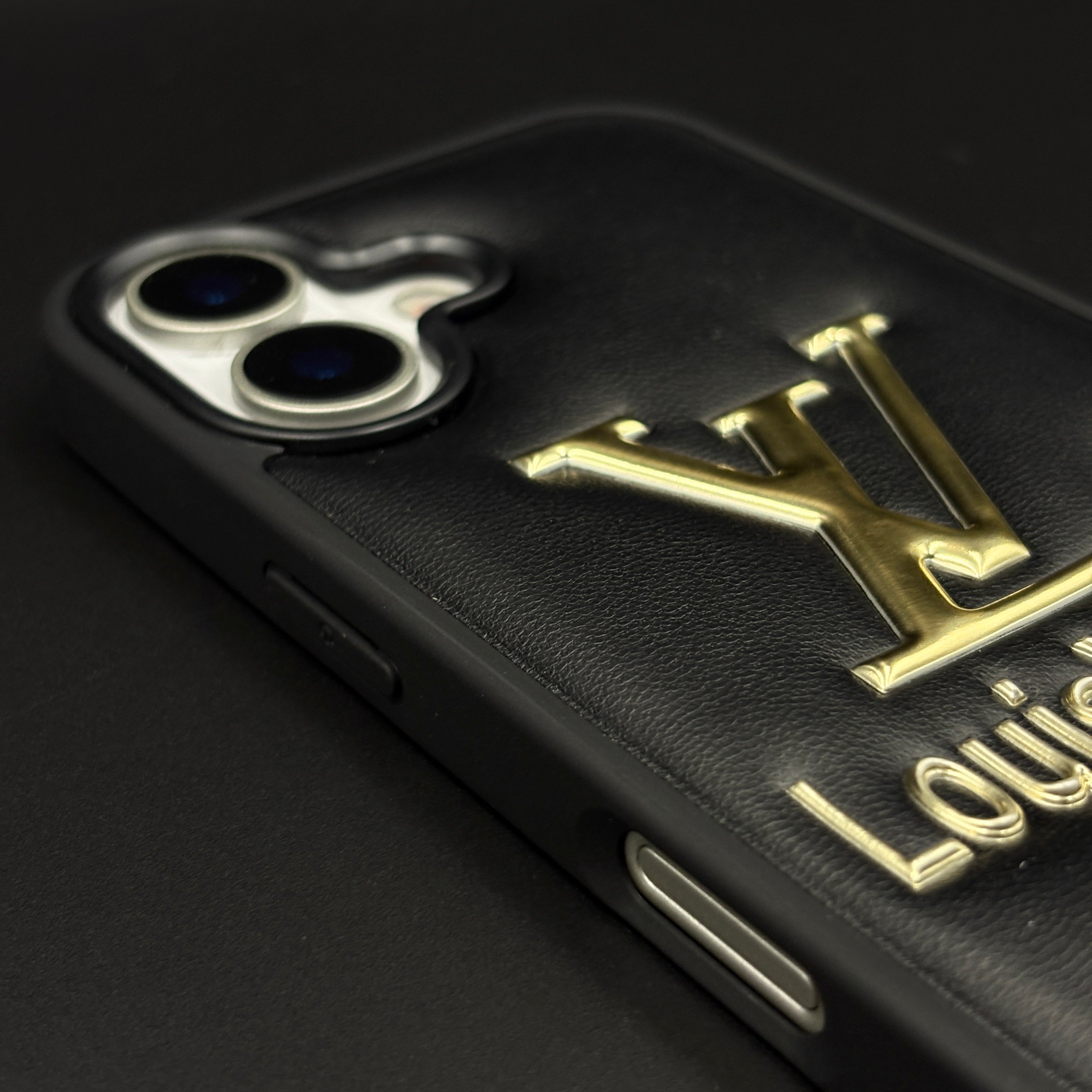 Luxury Embossed Branded Metal Logo Mobile Case for iPhone 17 | Premium Black Soft-Touch Cushion