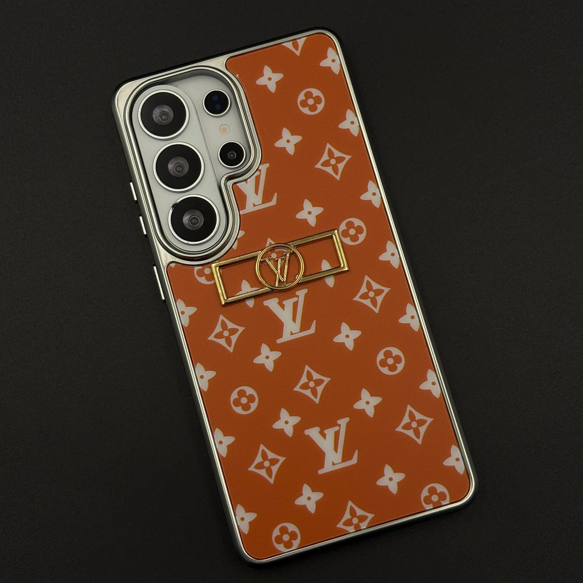 Luxury Fashion Brand Orange Monogram Elegance Case for Samsung Galaxy S26 Ultra with Metallic Accent