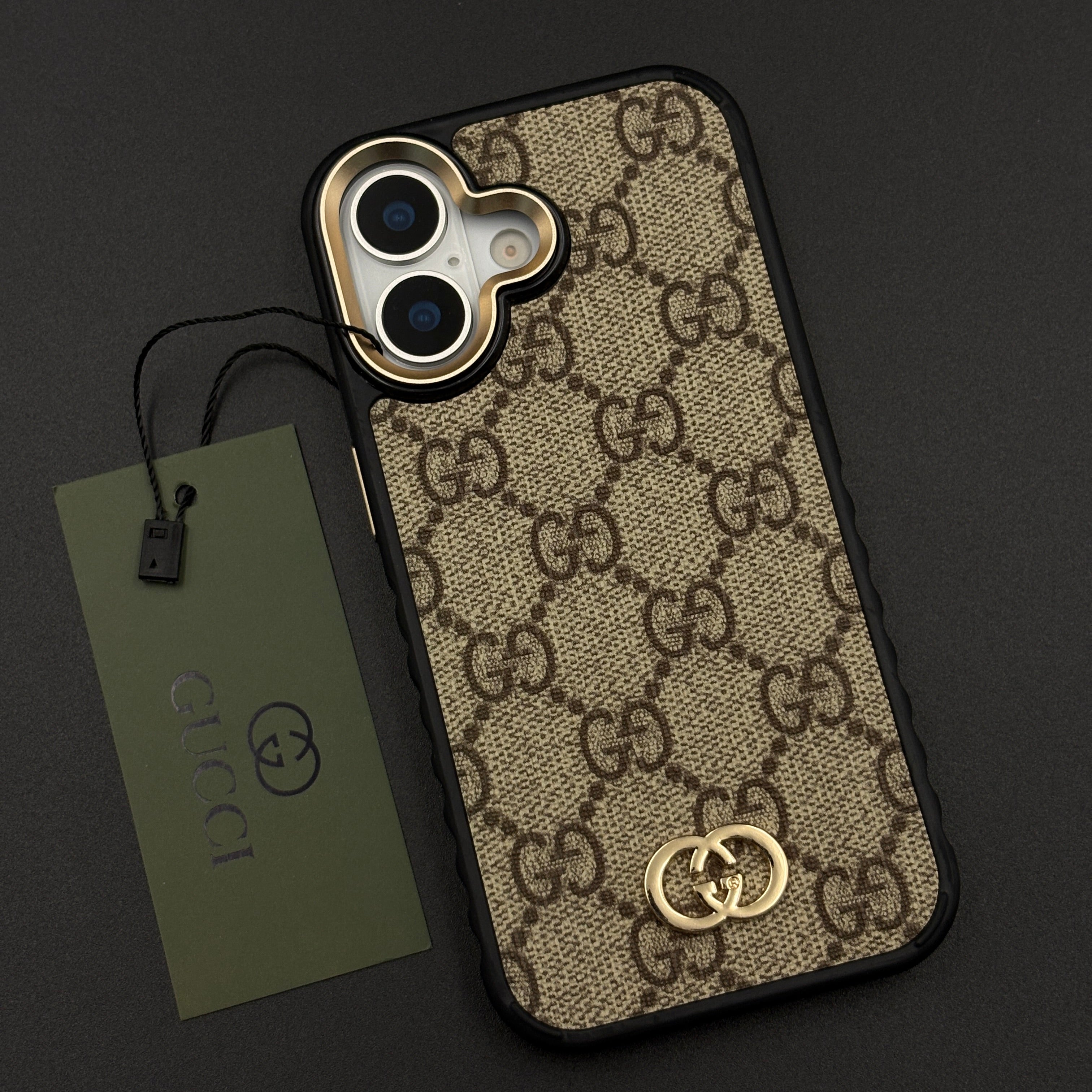 Beige GG Classic Heritage Case for iPhone 17 with Monogram and Gold Emblem