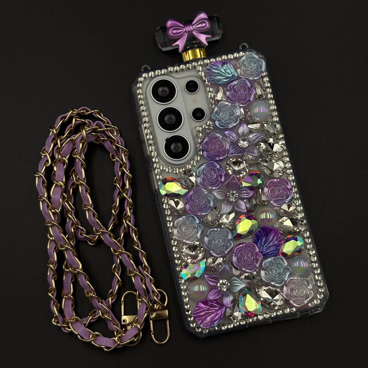 Perfume Floral Bottle Case with Sling for Samsung Galaxy S26 Ultra with Jewel-Style Floral Design