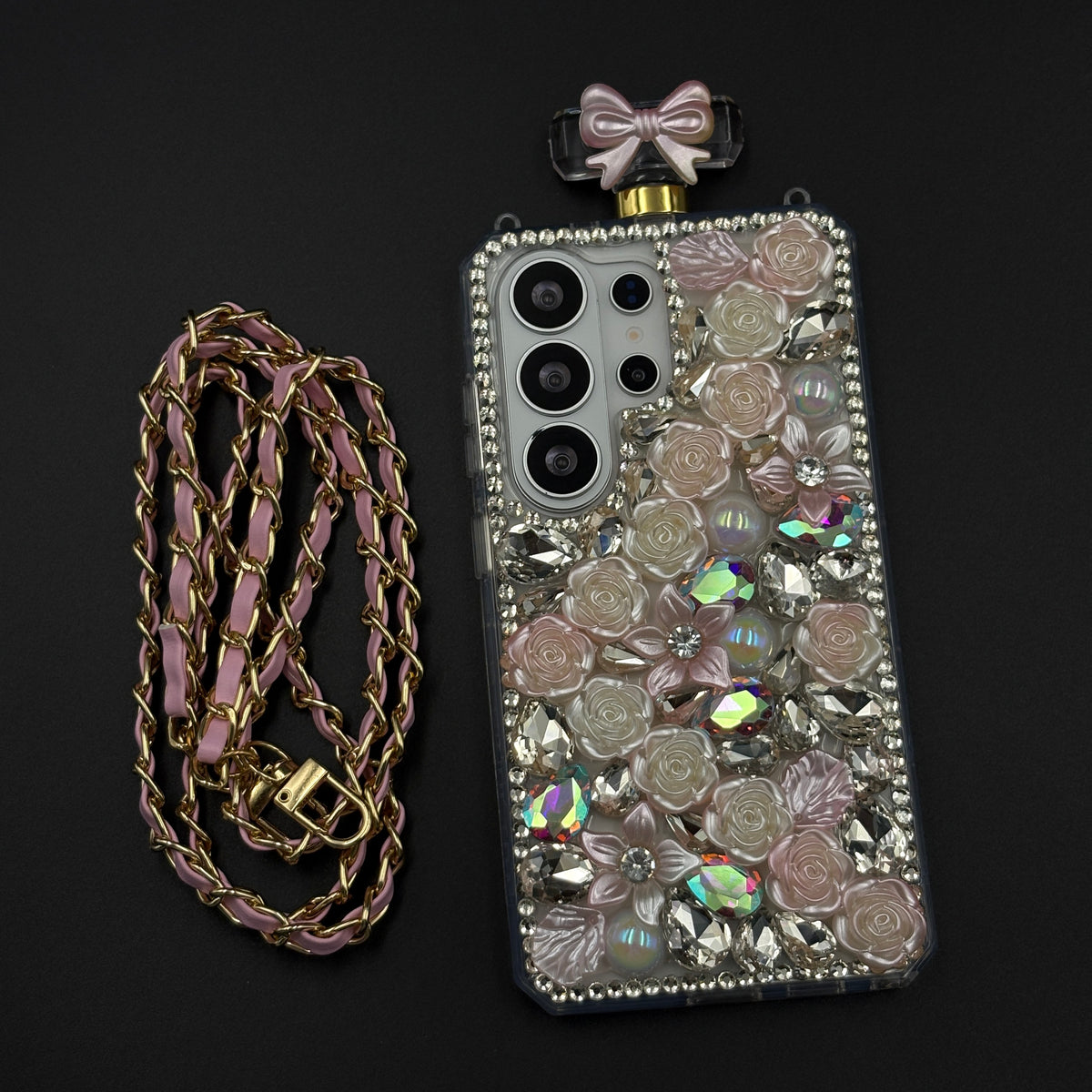Perfume Floral Bottle Case with Sling for Samsung Galaxy S26 Ultra with Jewel-Style Floral Design