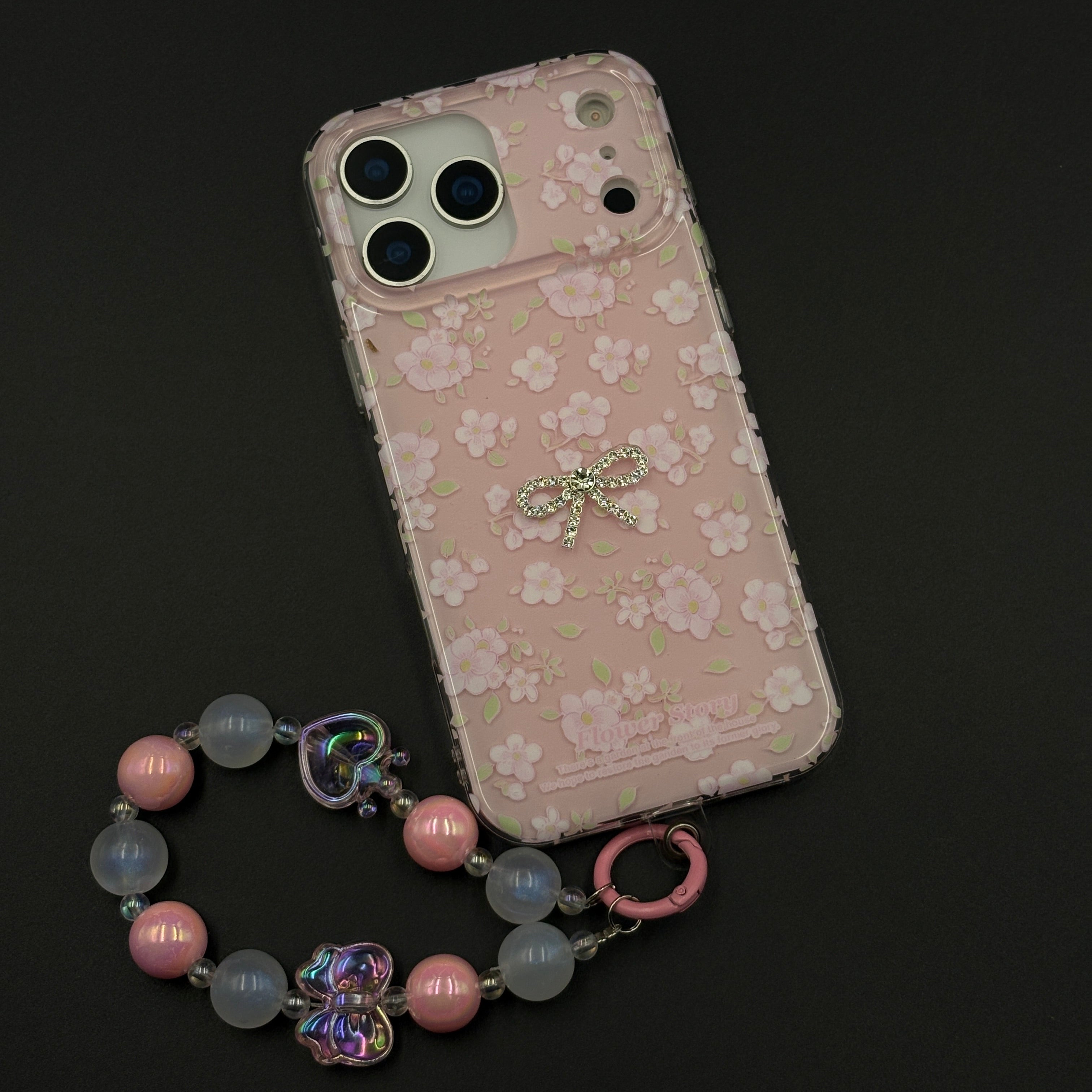 Pink Floral Bow Charm Case for iPhone 17 Series with Sweet Blossom and Beaded Sling