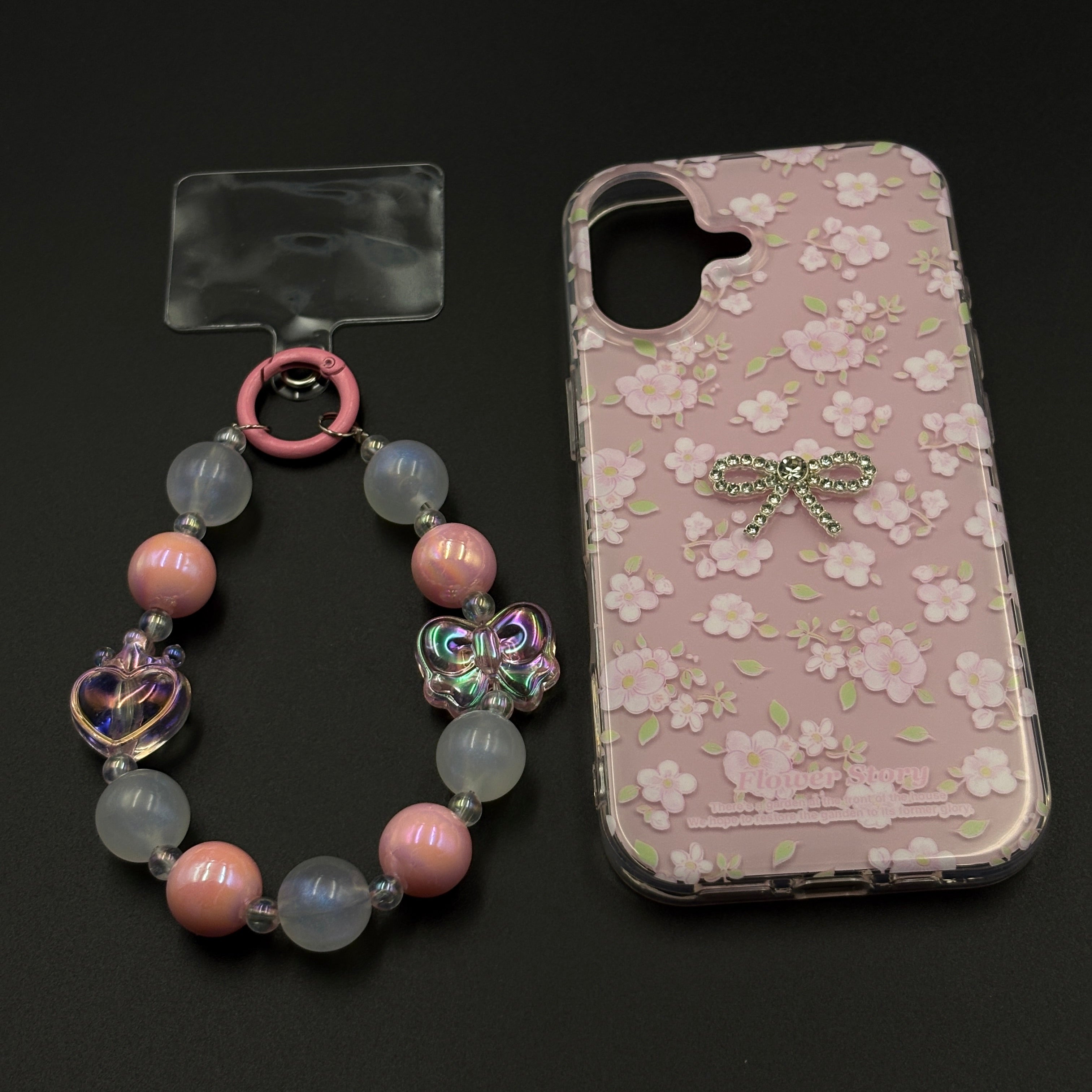 Pink Floral Bow Charm Case for iPhone 17 with Sweet Blossom and Beaded Sling
