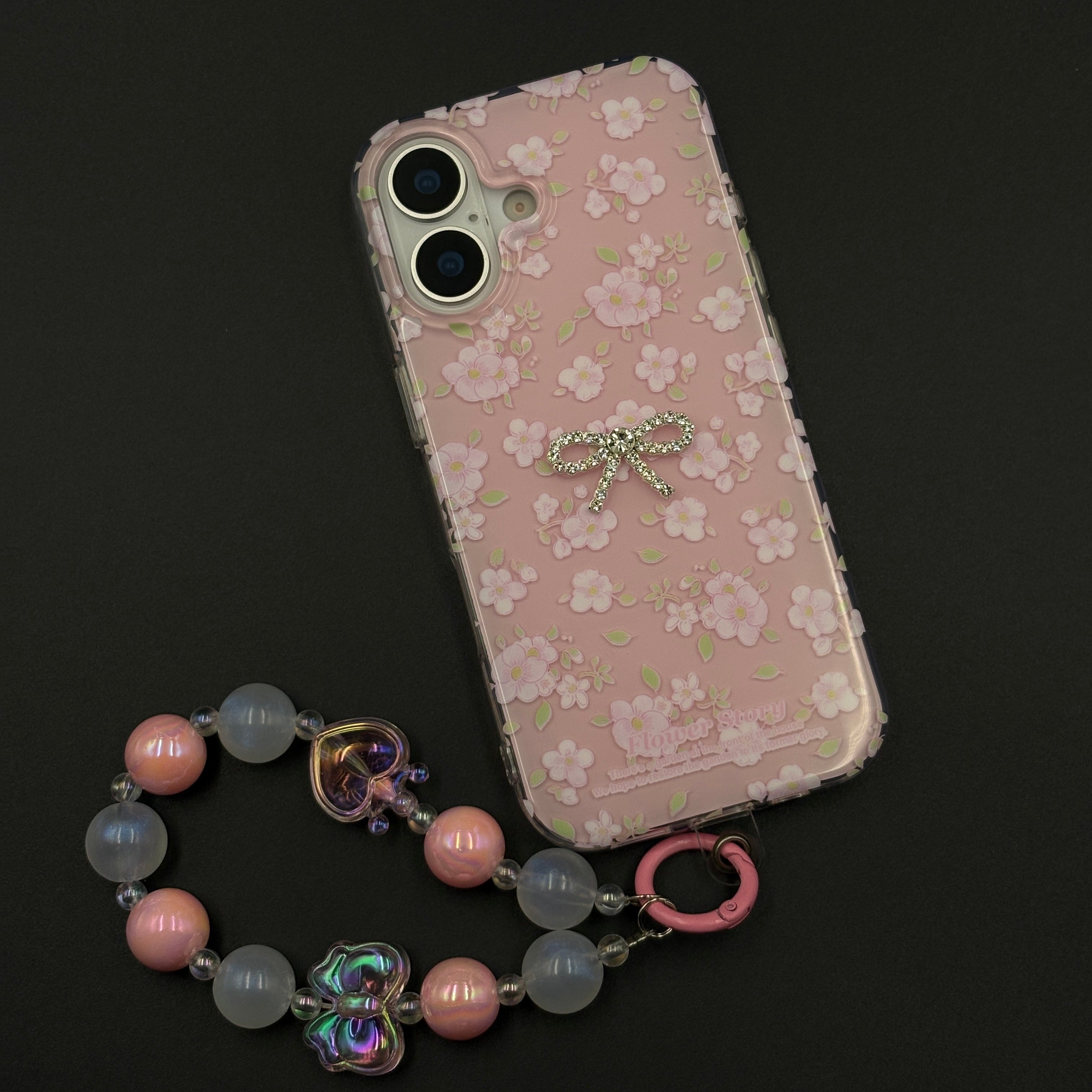 Pink Floral Bow Charm Case for iPhone 17 with Sweet Blossom and Beaded Sling