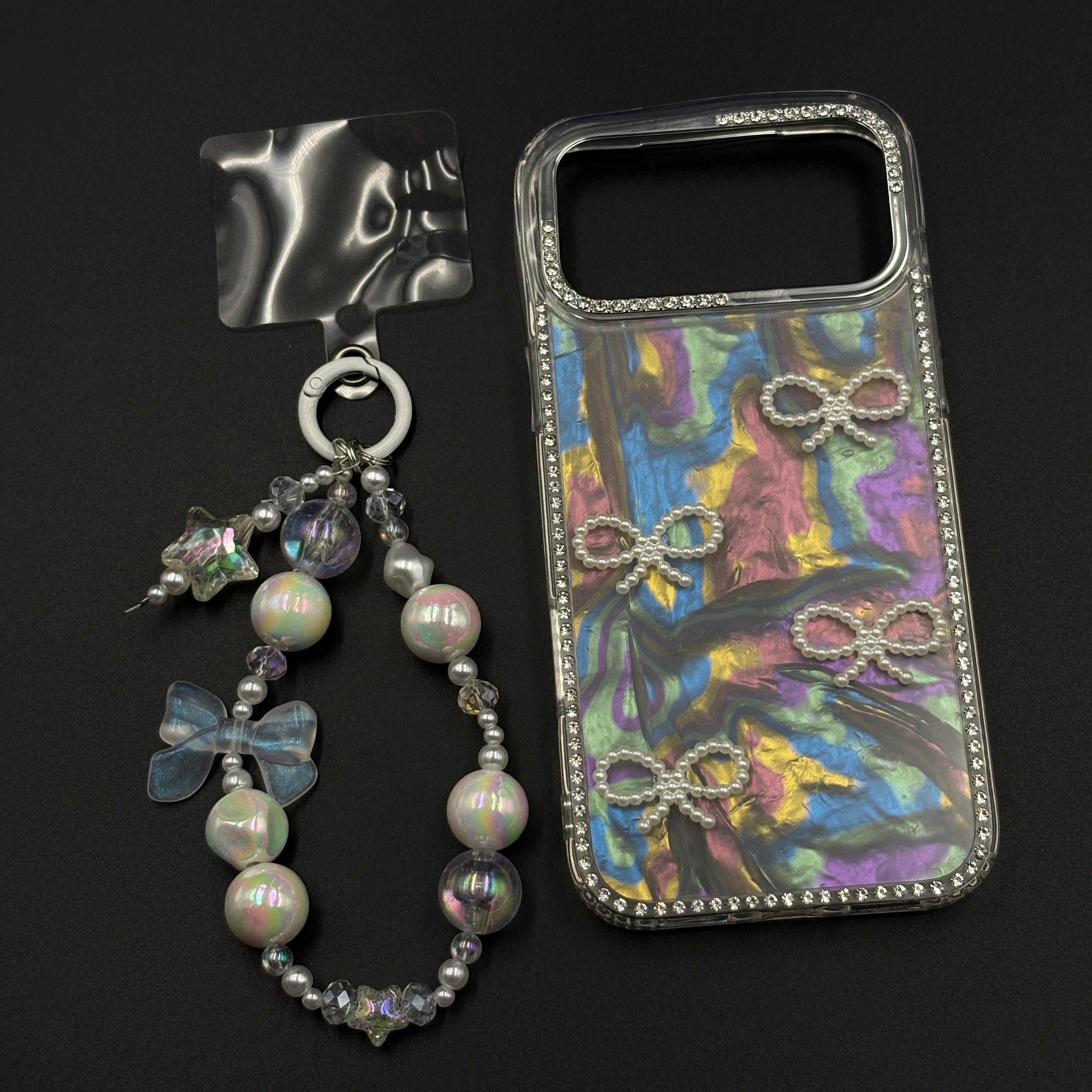 Iridescent Bow Luxe Diamond Case for iPhone 17 Series with Charm Sling
