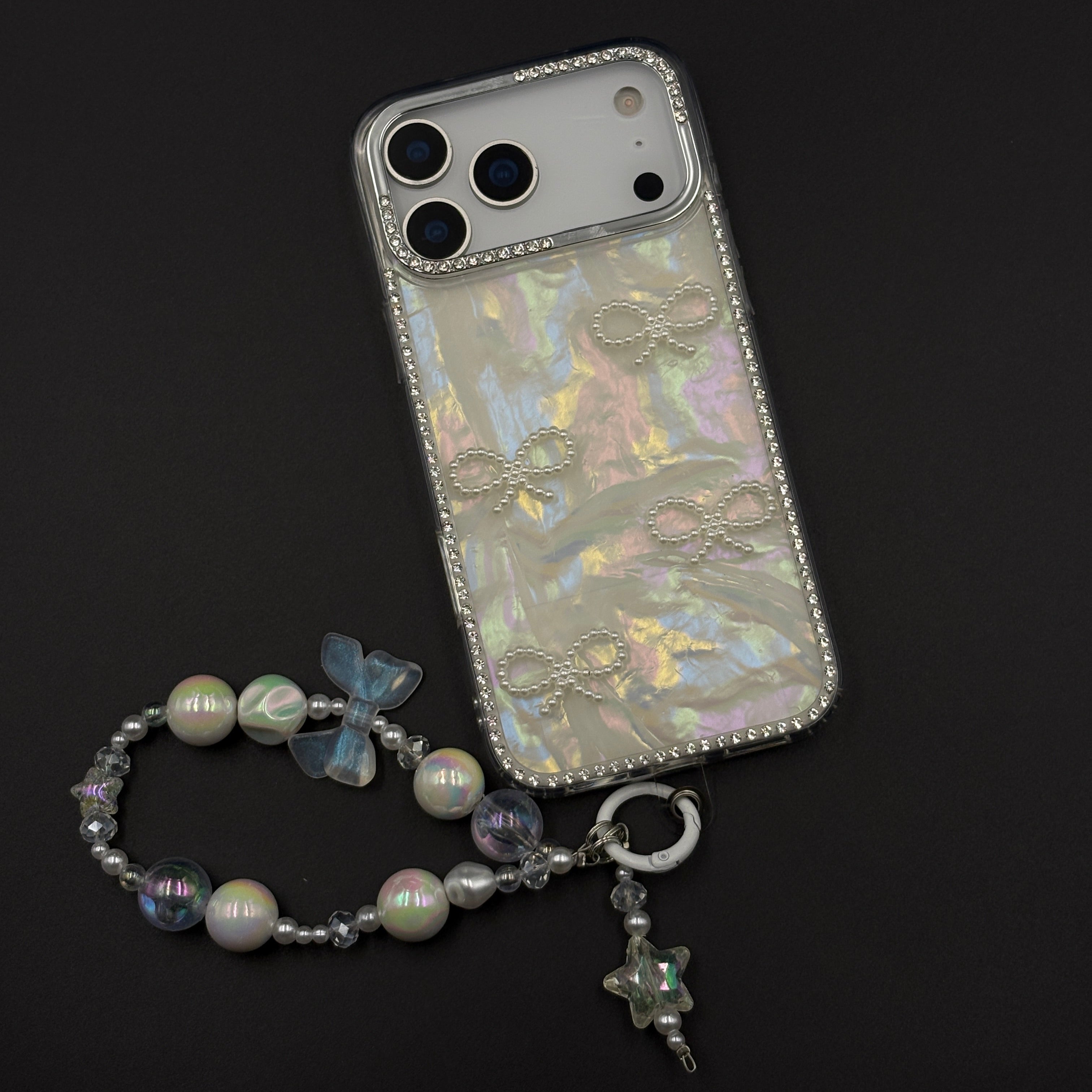 Iridescent Bow Luxe Diamond Case for iPhone 17 Series with Charm Sling