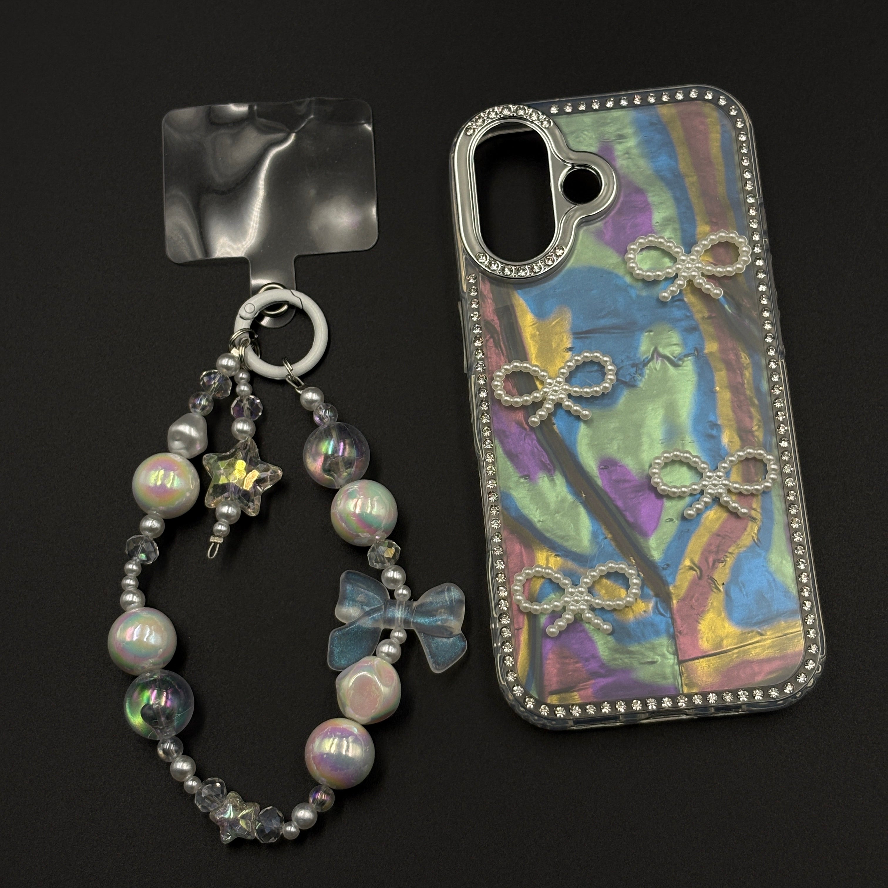 Iridescent Bow Luxe Diamond Case for iPhone 17 with Charm Sling