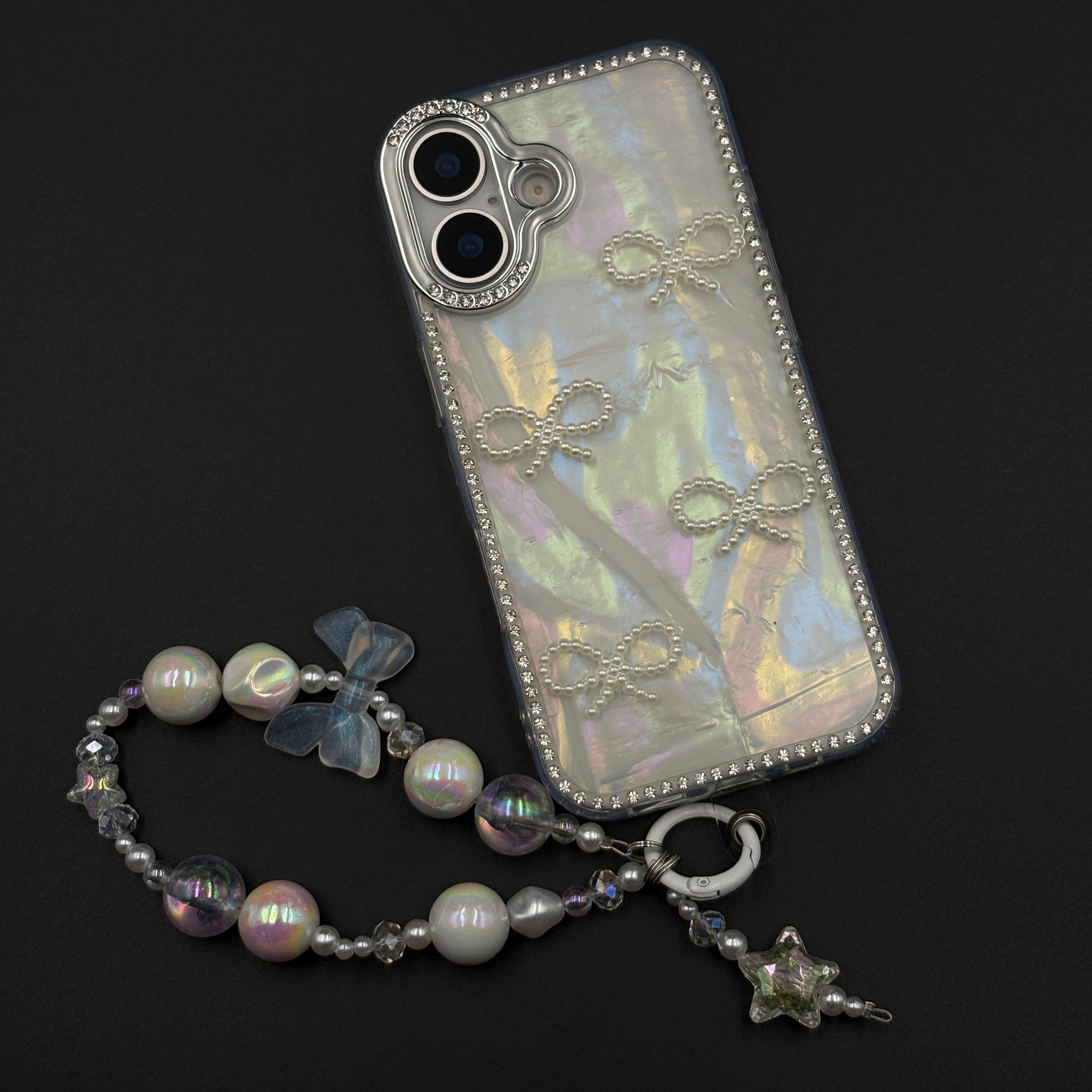 Iridescent Bow Luxe Diamond Case for iPhone 17 with Charm Sling