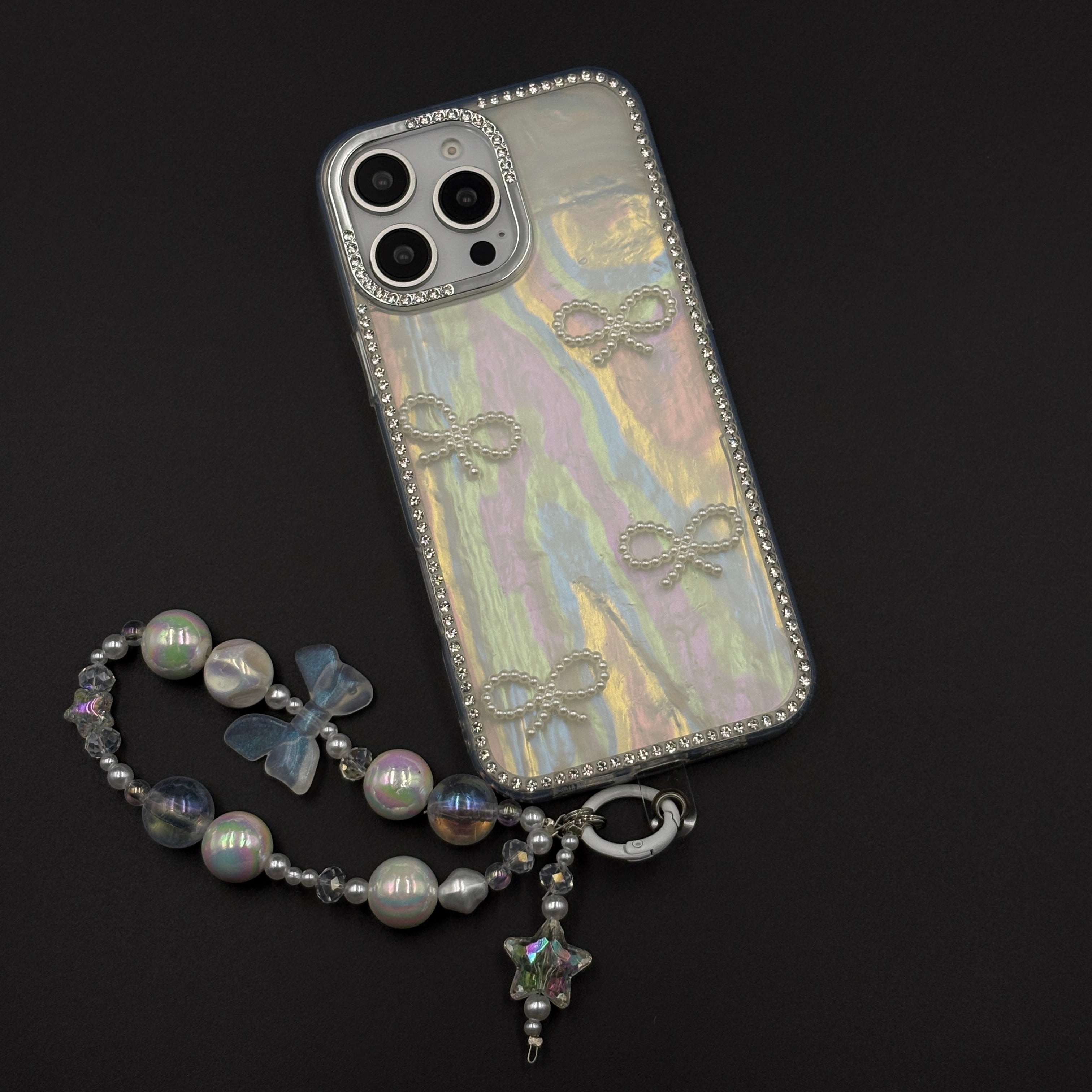 Iridescent Bow Luxe Diamond Case for iPhone with Charm Sling