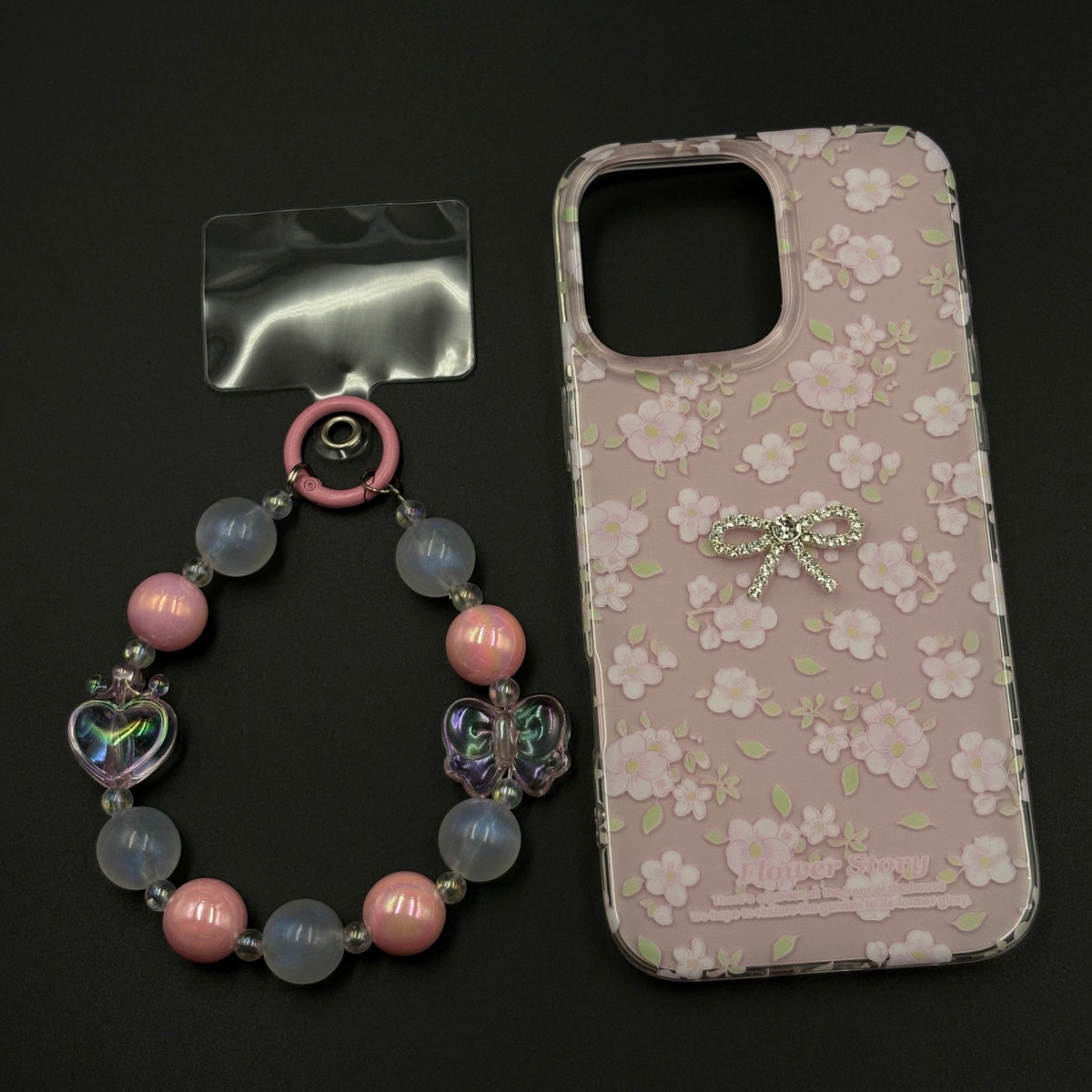 Pink Floral Bow Charm Case for iPhone with Sweet Blossom and Beaded Sling