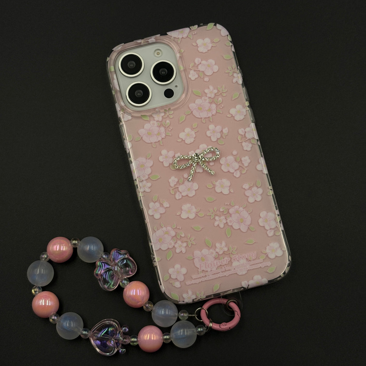 Pink Floral Bow Charm Case for iPhone with Sweet Blossom and Beaded Sling