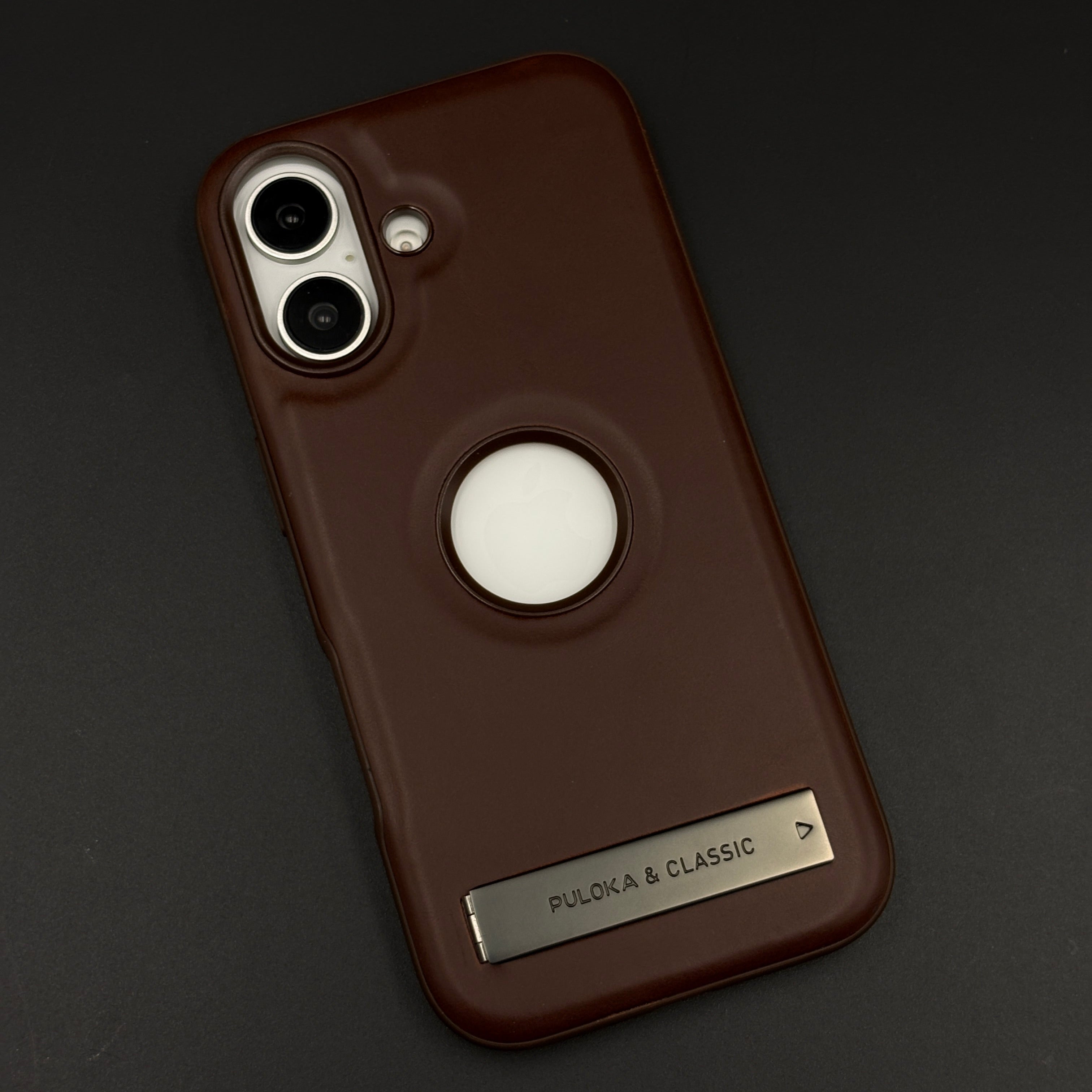 Premium Leather Logo Cut Mobile Case Cover with Metal Kickstand for iPhone 17 | Classic Stand Edition