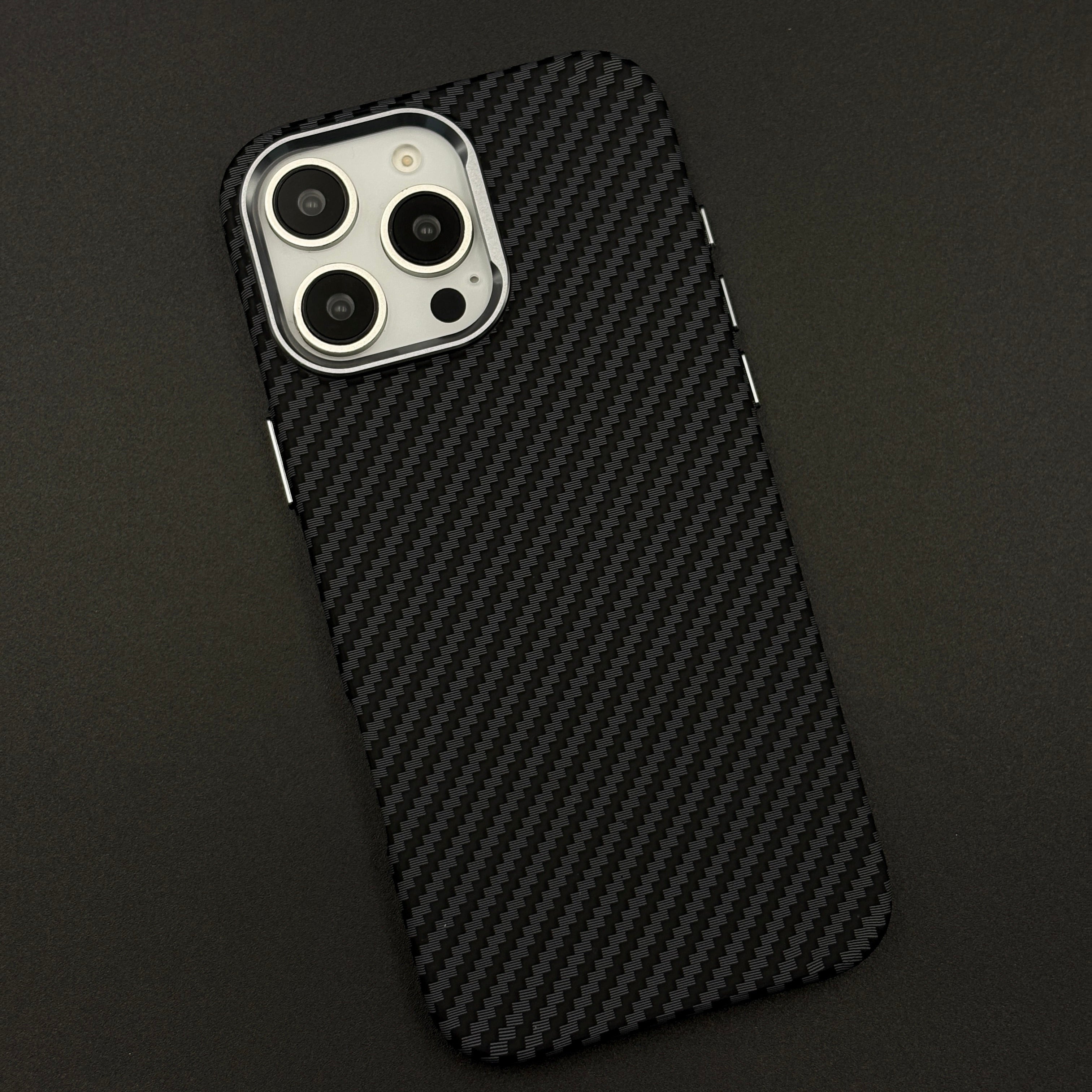 iPhone Series Black Premium Slim Case | Rare Aramid Texture Finish | Real Carbon Fibre Feel | Hidden MagSafe